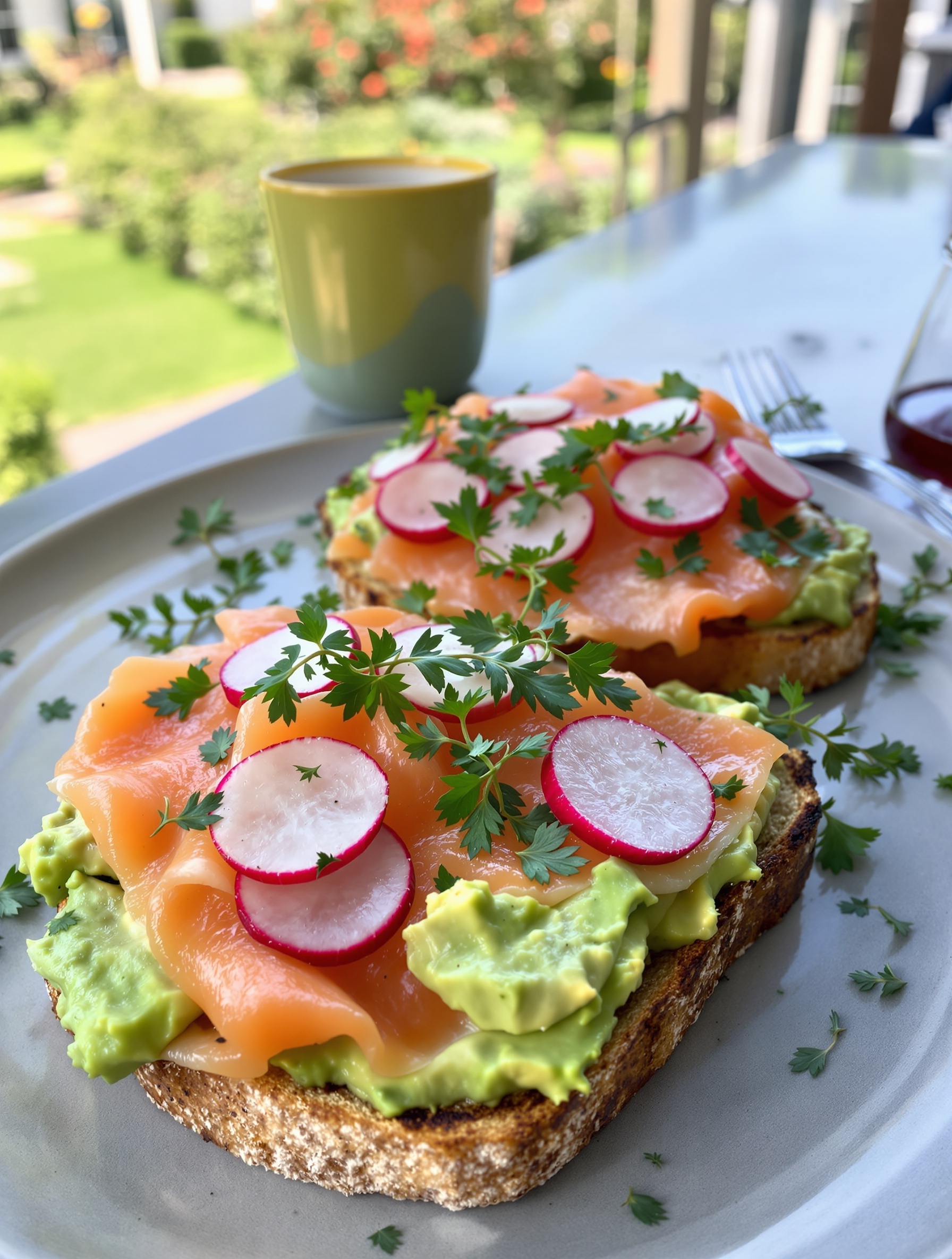 A plate of smoked salmon and avocado toast topped with radish slices and fresh herbs.