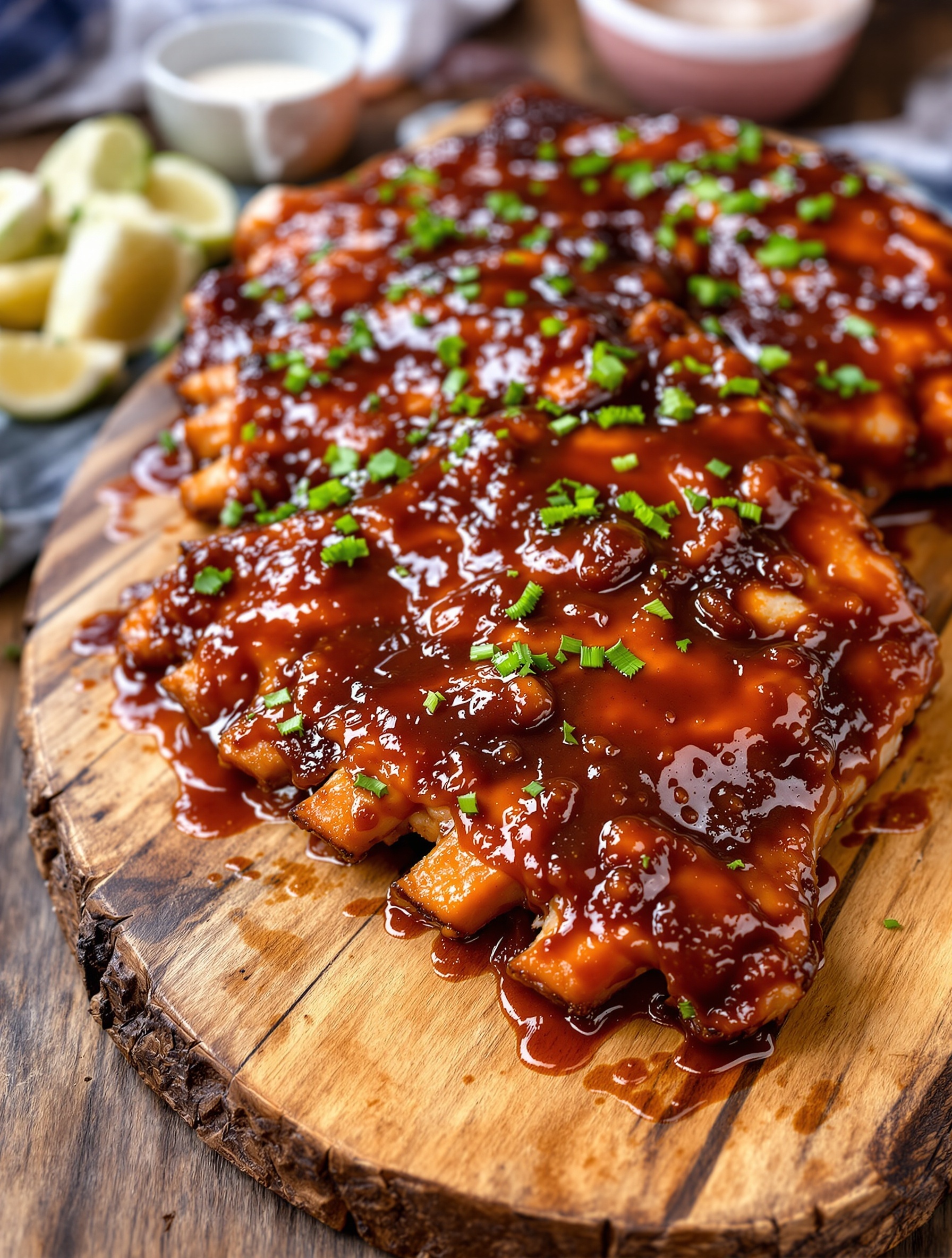 Delicious smoky BBQ ribs glazed with homemade sauce, garnished with green onions, served on a wooden platter.