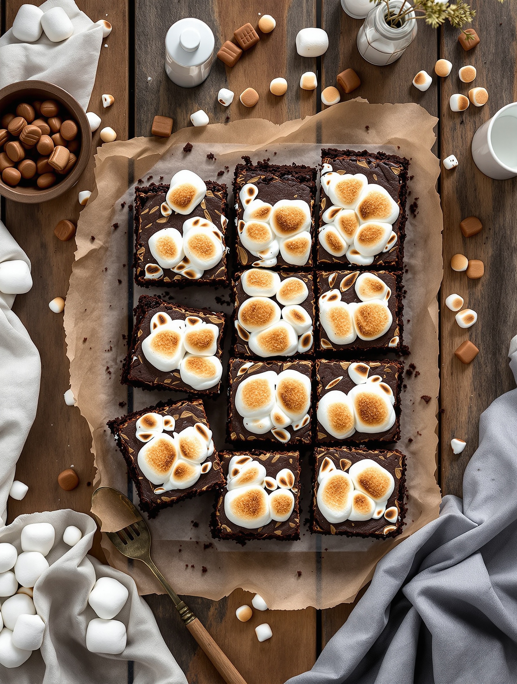 Delicious S'mores Brownies topped with toasted marshmallows, surrounded by marshmallows and caramel candies.
