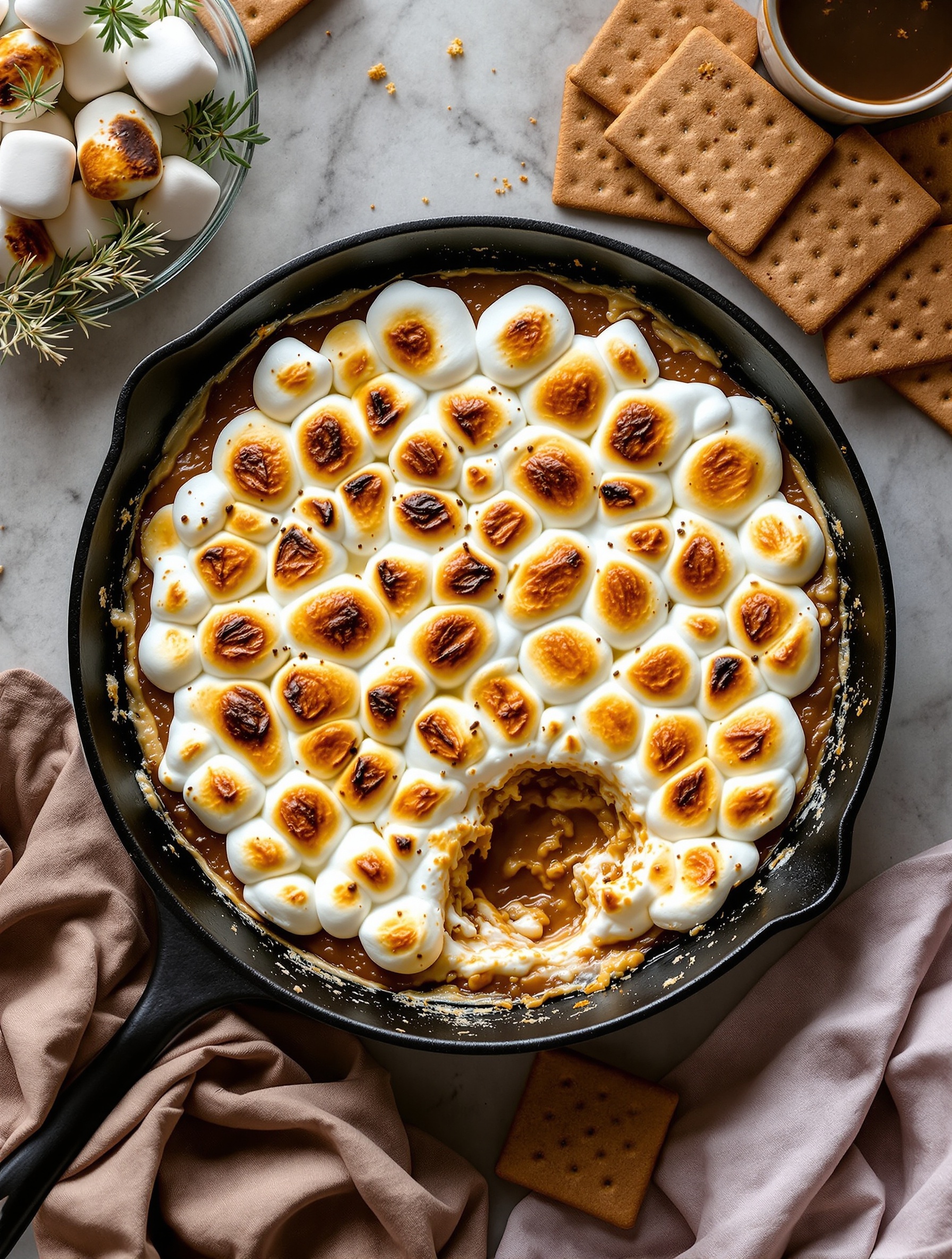 A skillet filled with S'mores Dip topped with toasted marshmallows, surrounded by graham crackers and extra marshmallows.