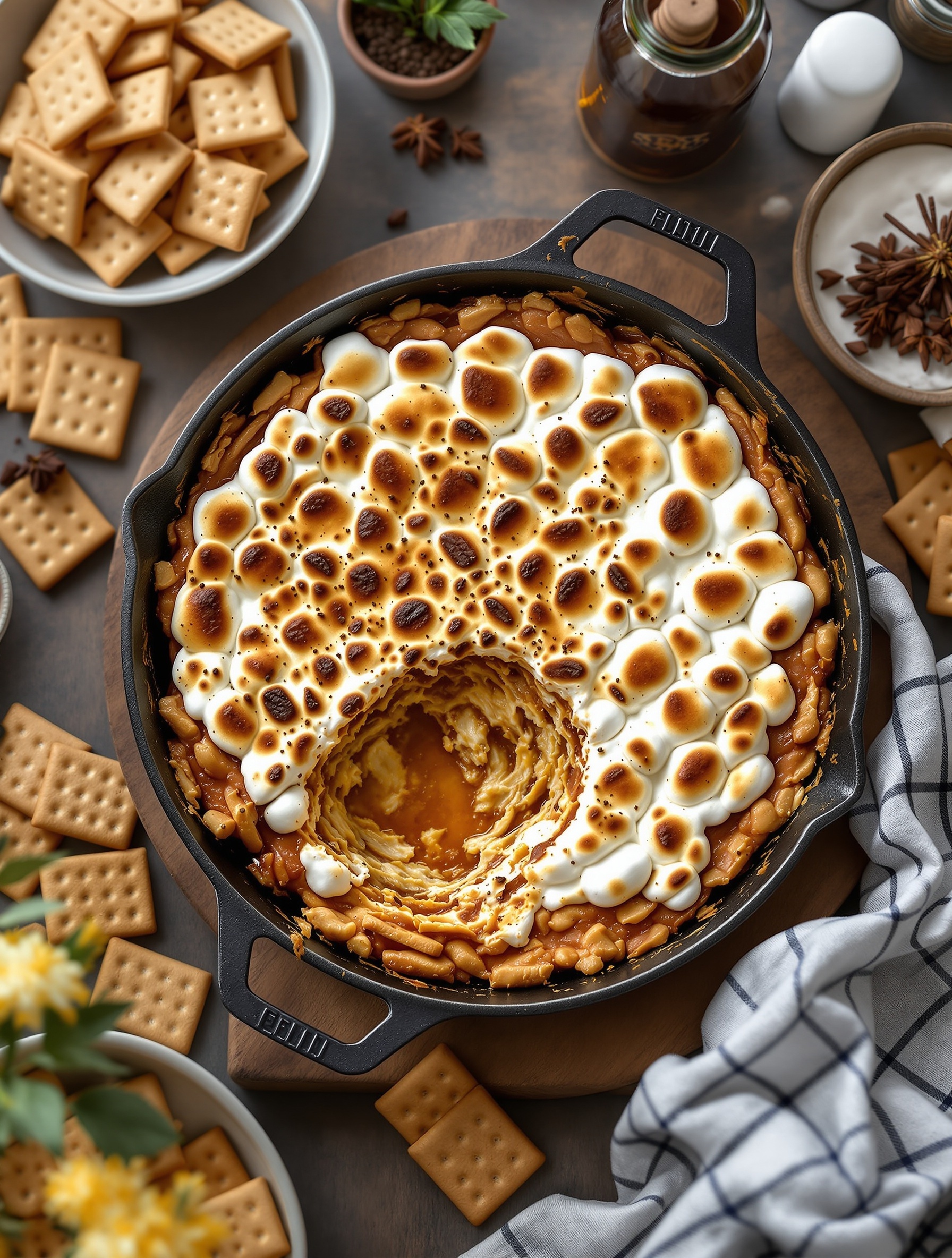 A warm s'mores dip topped with toasted marshmallows, surrounded by graham crackers.