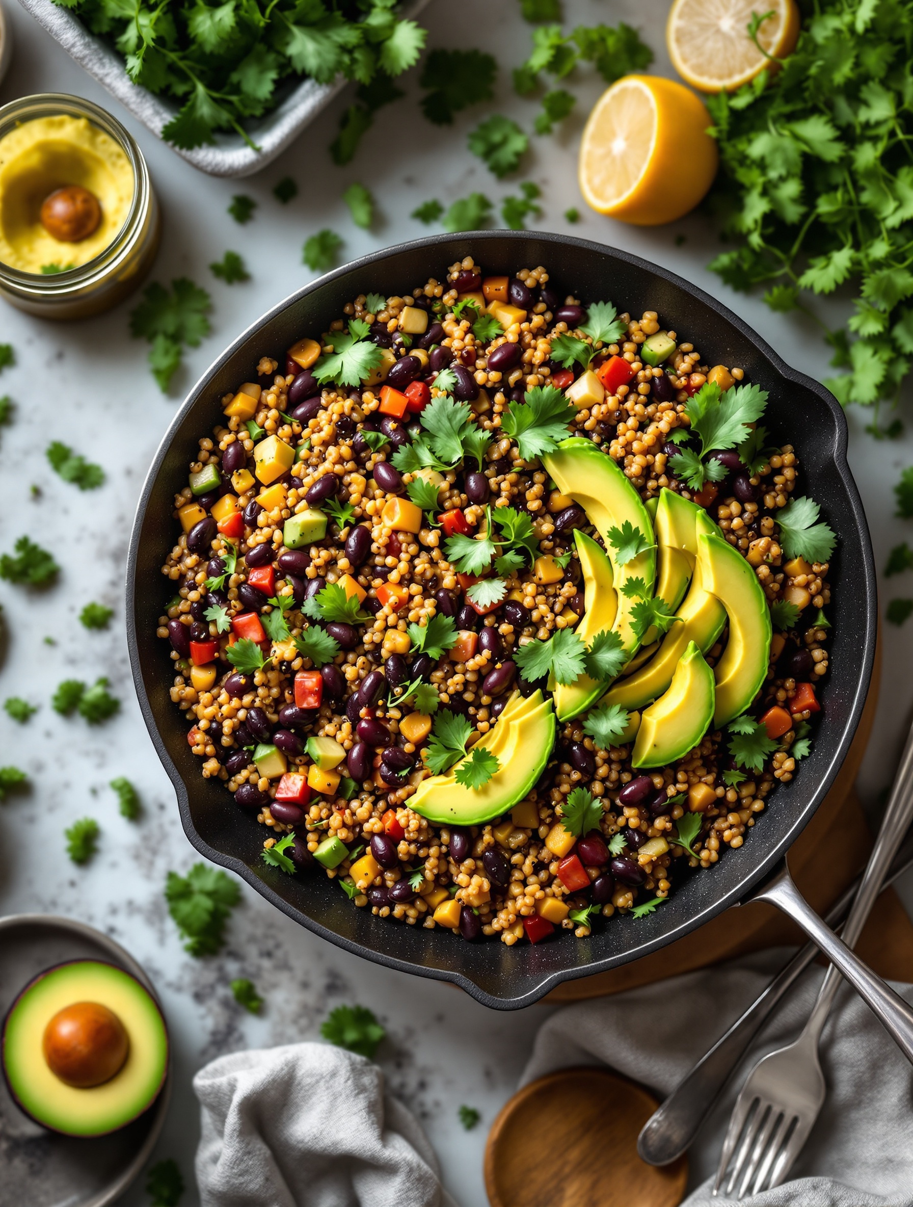 A colorful skillet filled with Southwestern Black Bean and Quinoa, topped with avocado and cilantro.