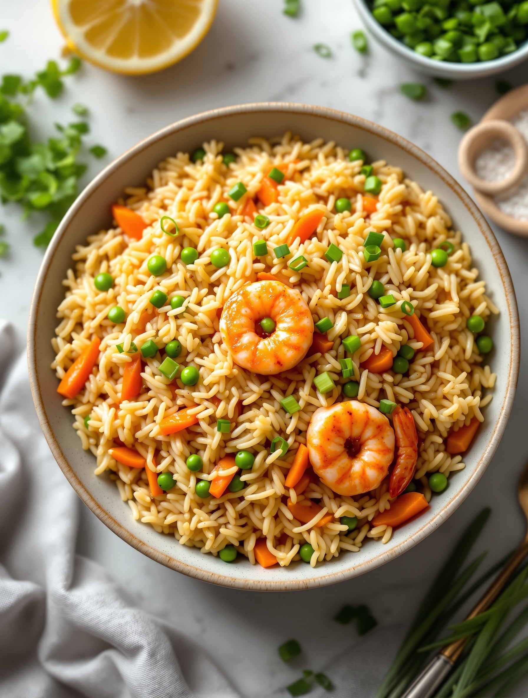 A bowl of shrimp fried rice with peas and carrots, garnished with green onions.