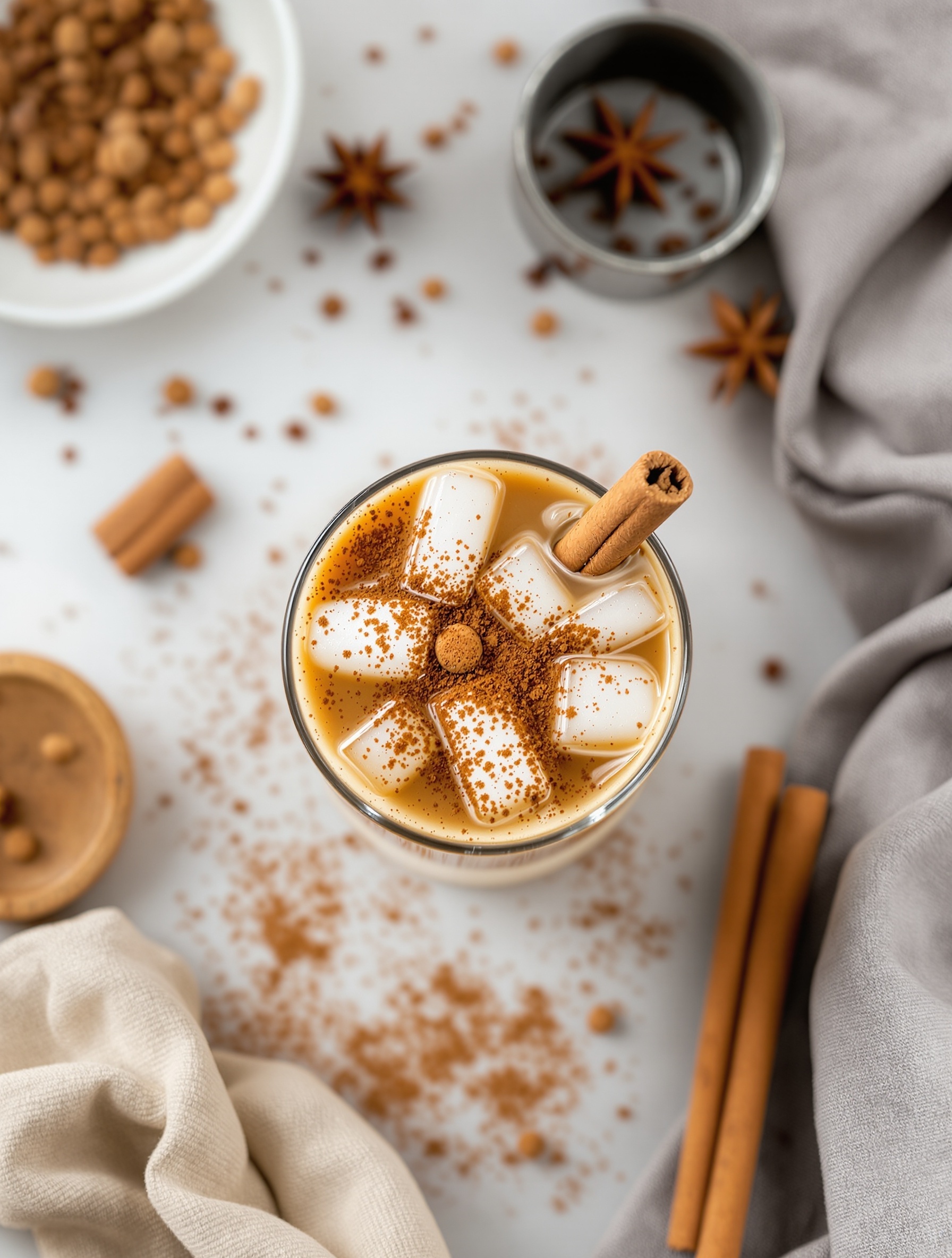 A glass of spiced iced coffee with cinnamon, ice cubes, and a cinnamon stick, surrounded by spices.