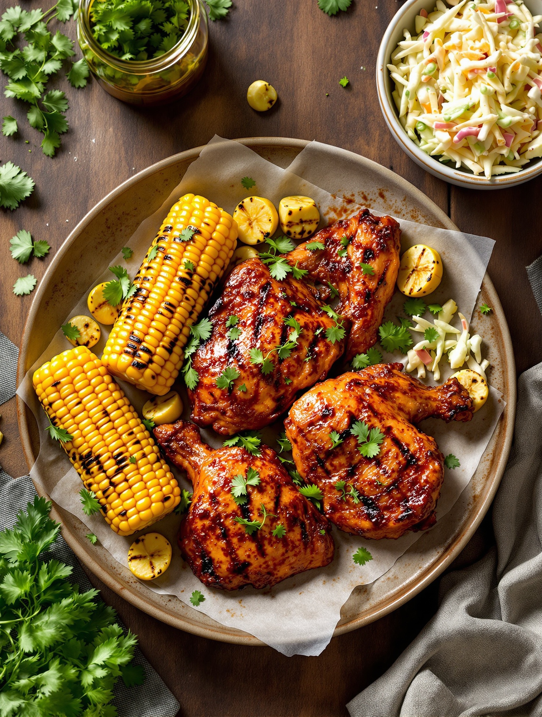 A plate of spicy BBQ grilled chicken with corn on the cob and coleslaw, garnished with cilantro.
