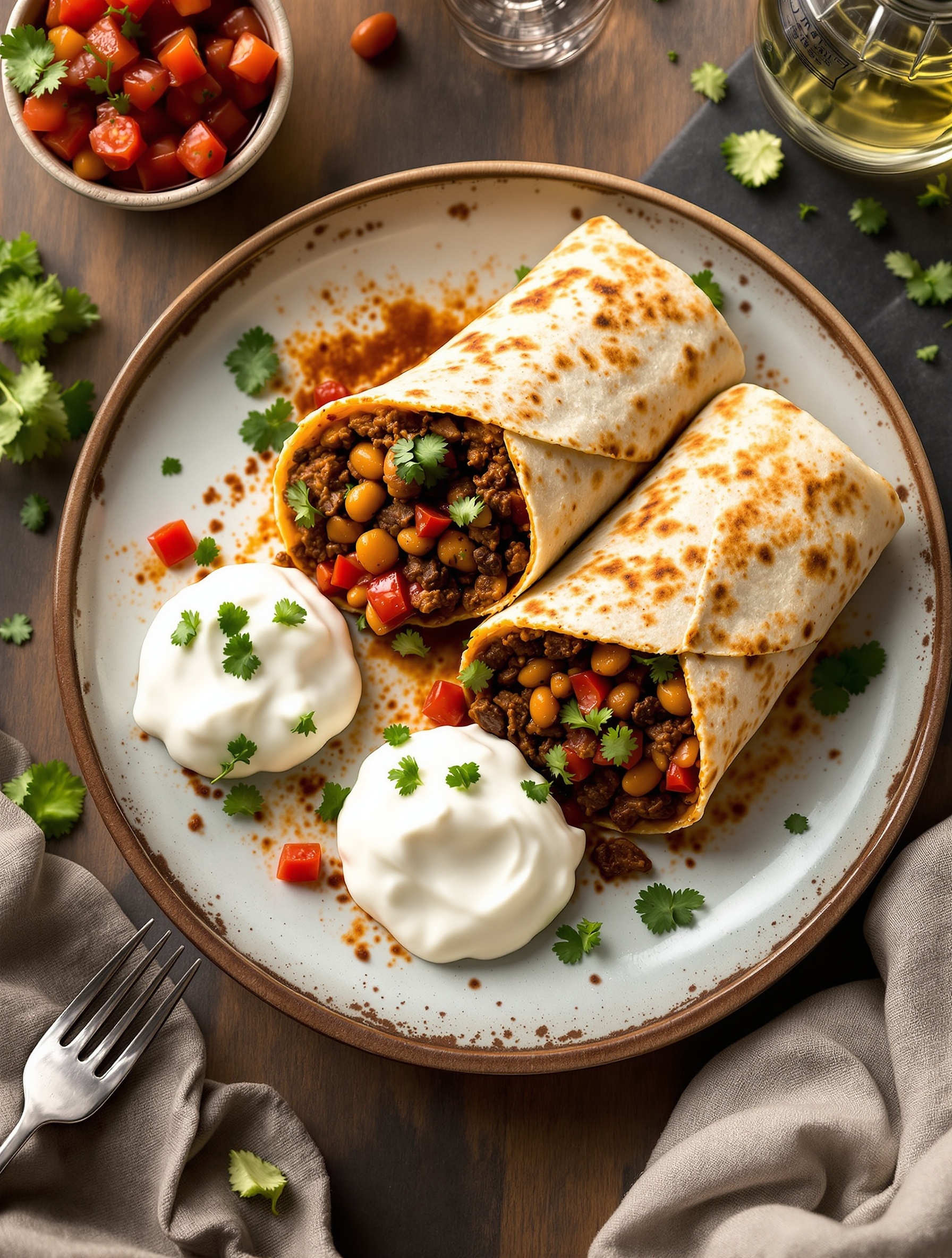 Plate of spicy beef and bean burritos with sour cream and fresh cilantro