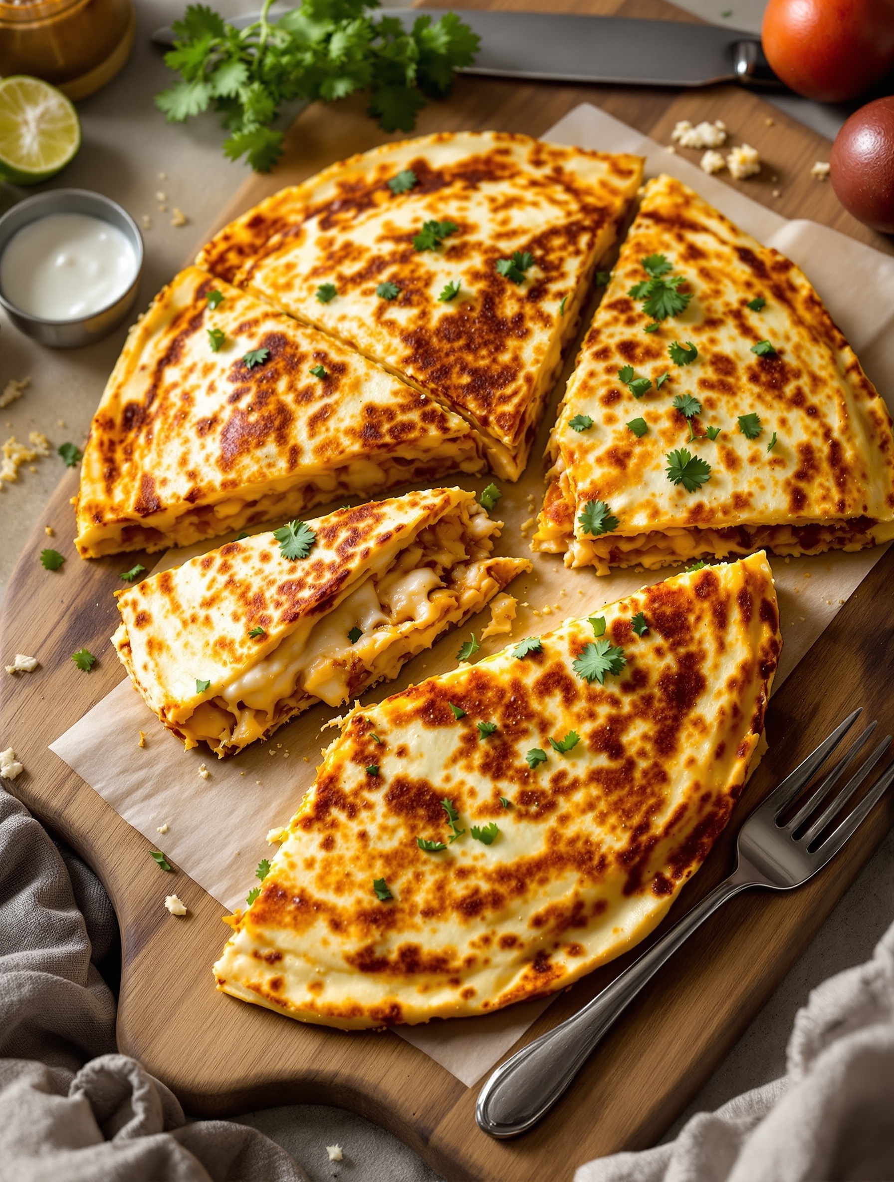 Golden-brown spicy chicken quesadillas with melted cheese and fresh cilantro on a wooden board.