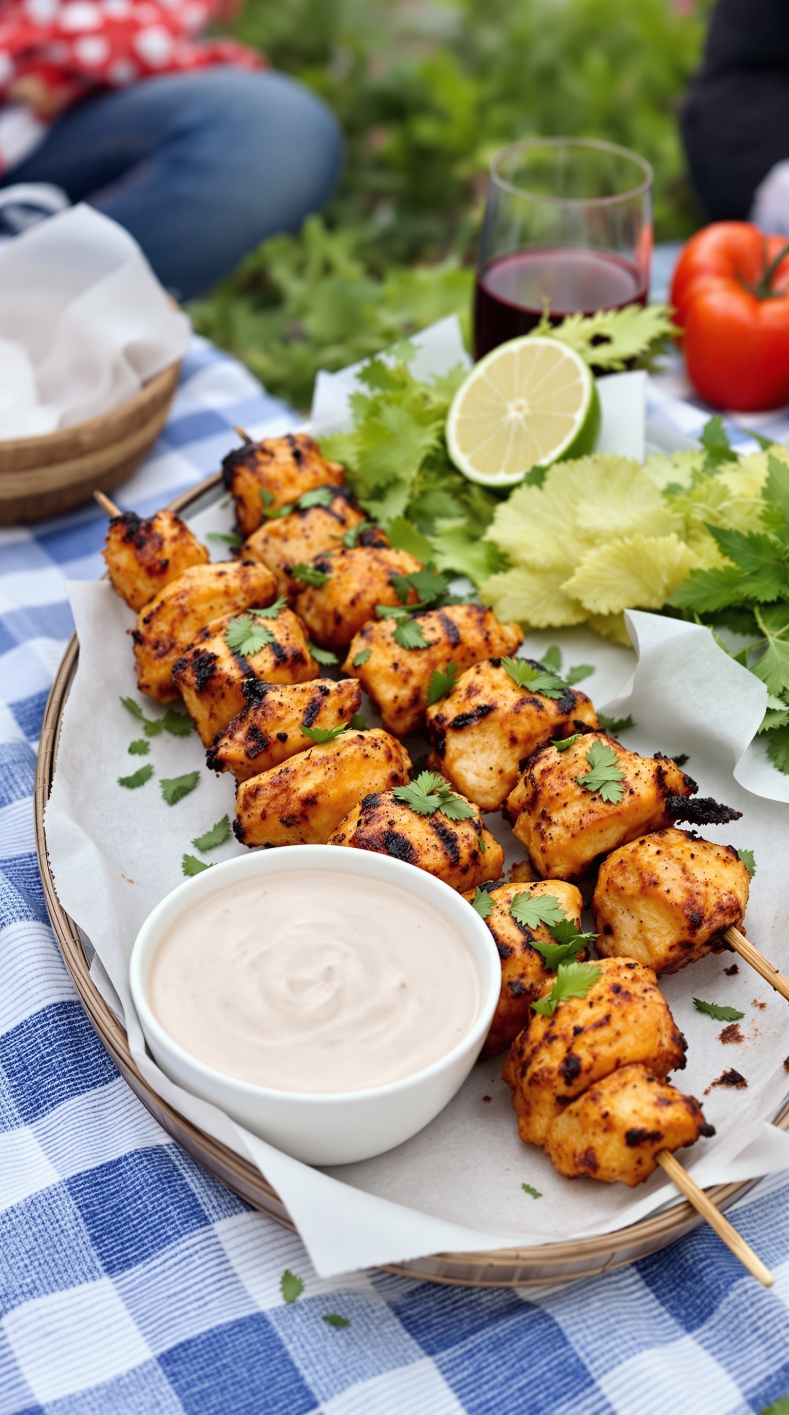 A platter of spicy chicken skewers garnished with cilantro and served with a creamy dipping sauce.
