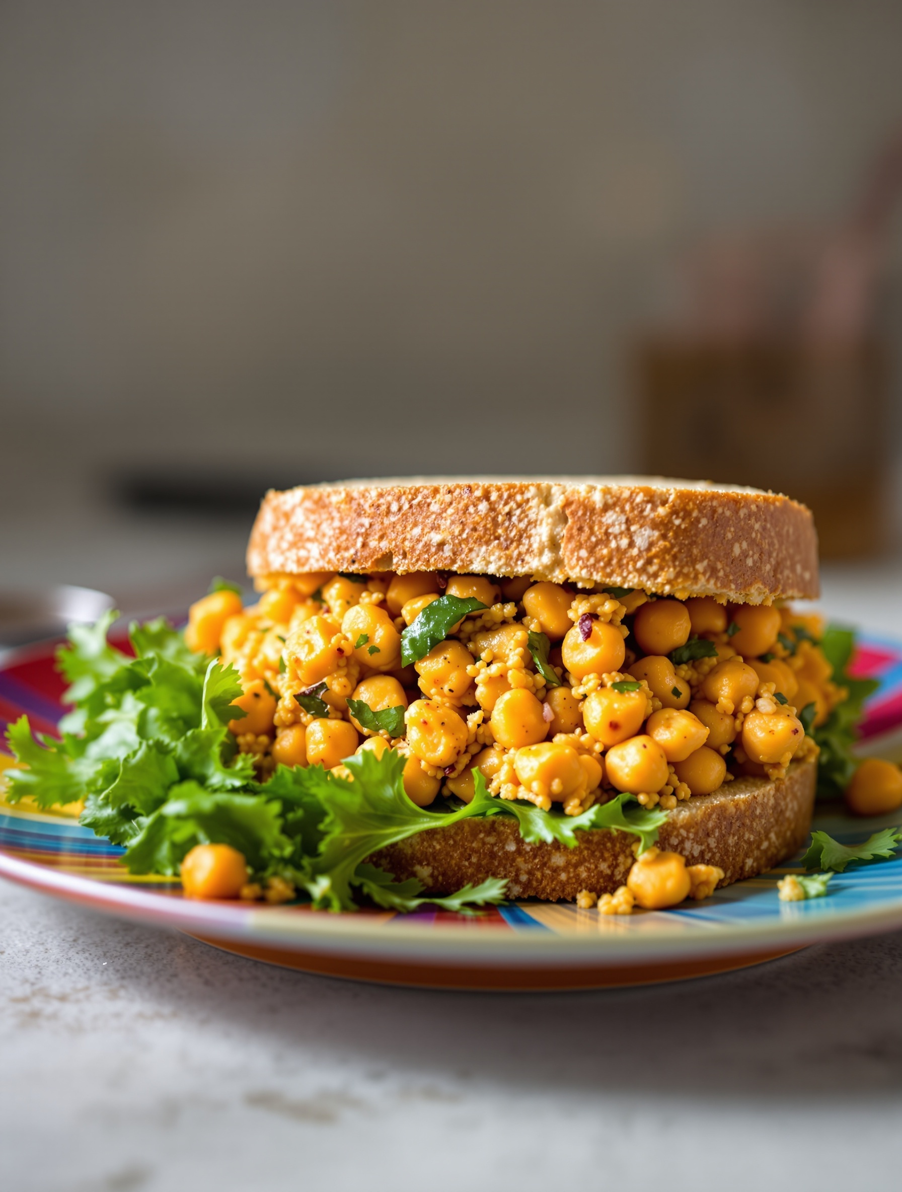 A spicy chickpea salad sandwich on a colorful plate with fresh greens.