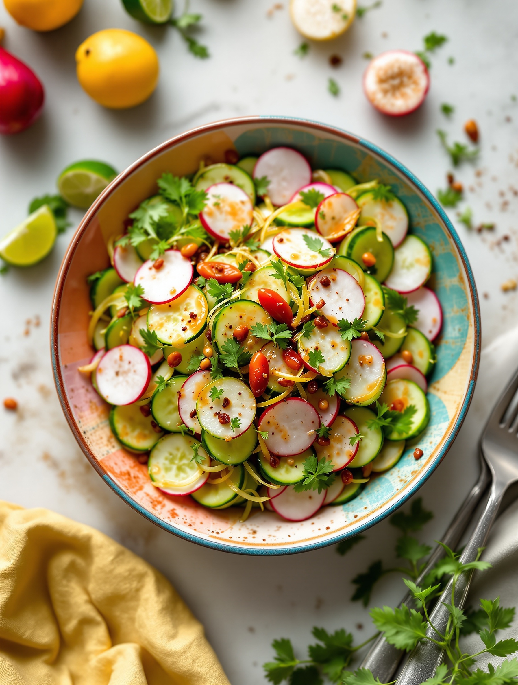 A colorful bowl of spicy cucumber and radish salad with fresh herbs and nuts.