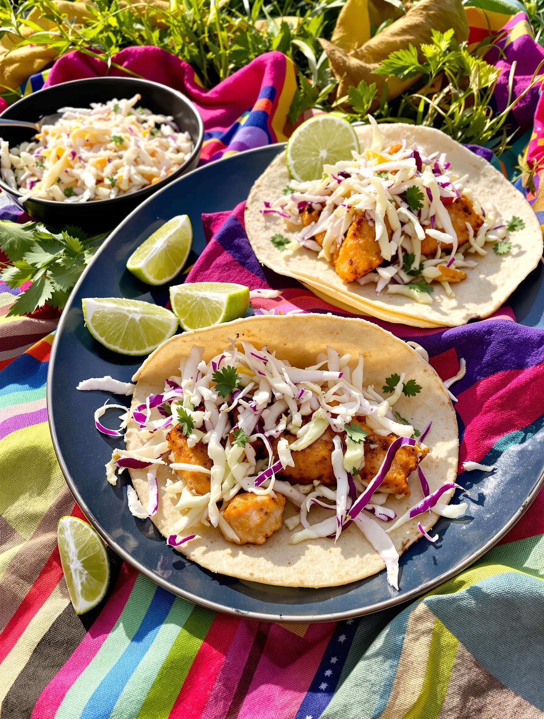 Spicy fish tacos with cabbage slaw on a colorful tablecloth