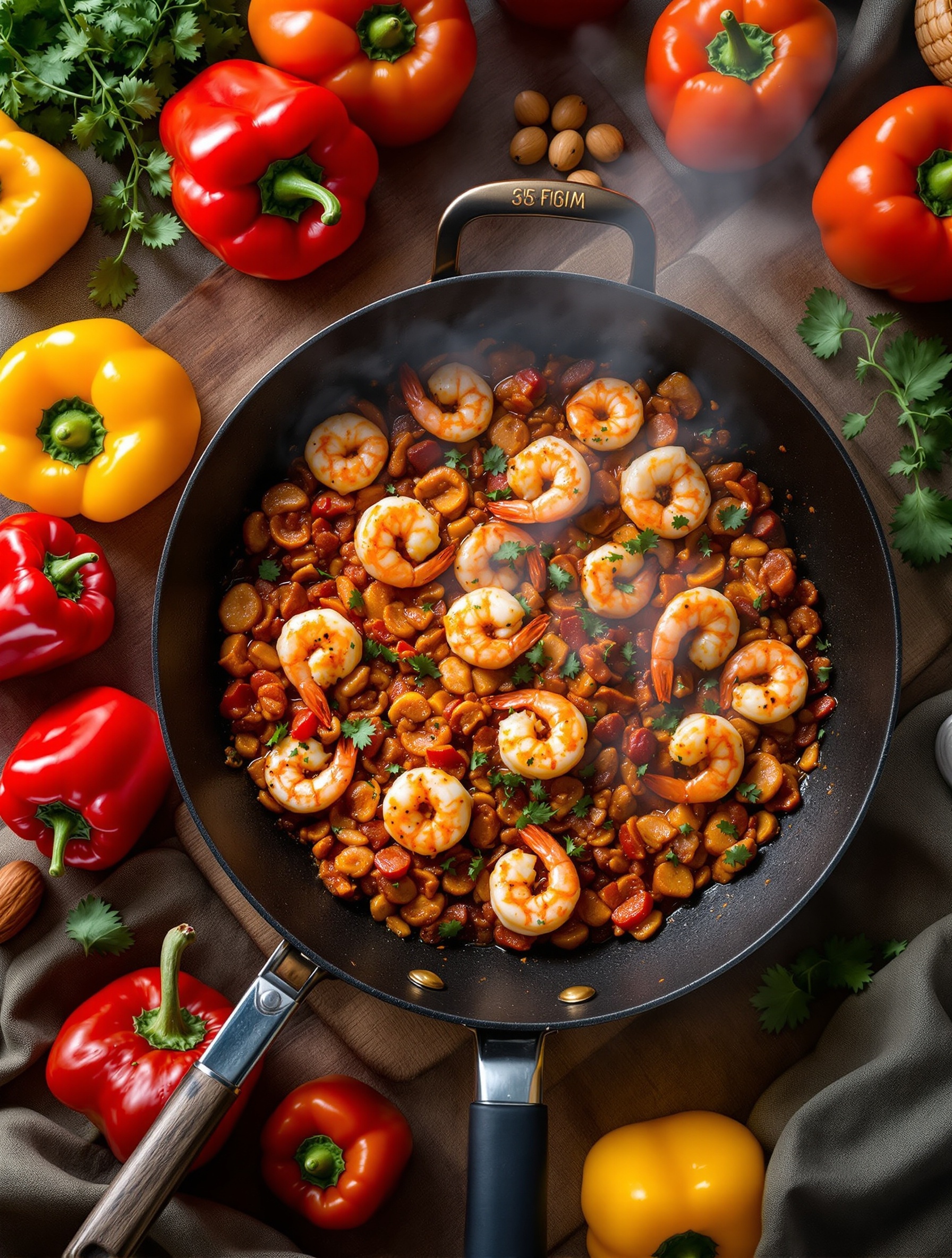 A colorful Spicy Shrimp and Chorizo Skillet with shrimp, chorizo, and bell peppers.