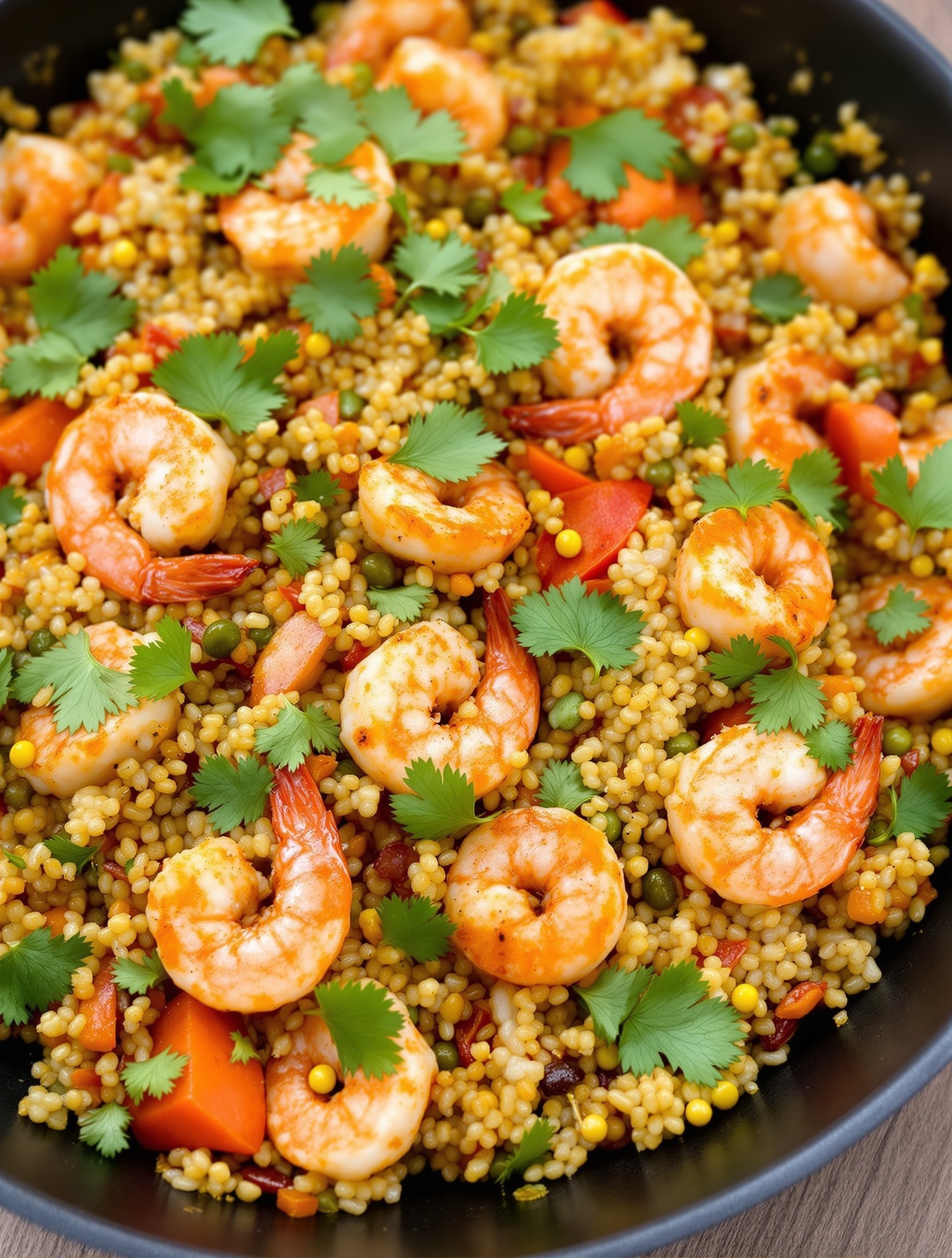 A vibrant one-pan dish featuring spicy shrimp and quinoa, garnished with fresh cilantro and colorful bell peppers.