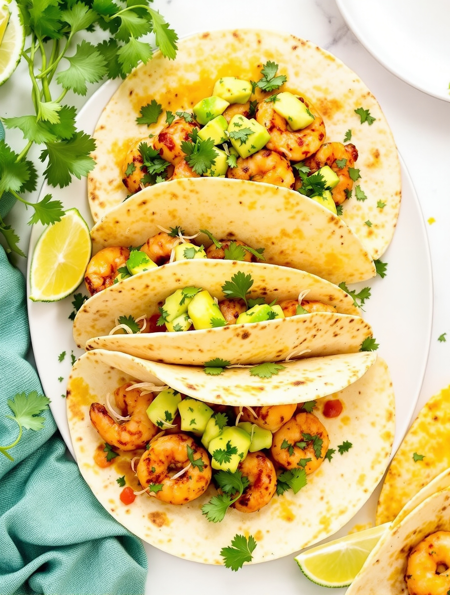 Spicy shrimp tacos with avocado salsa on a plate, garnished with cilantro and lime.