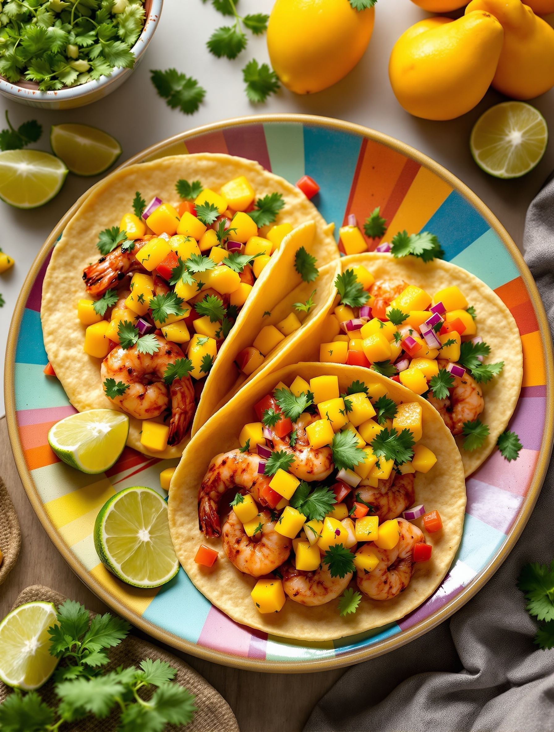 Three spicy shrimp tacos topped with mango salsa on a colorful plate, garnished with lime and cilantro.