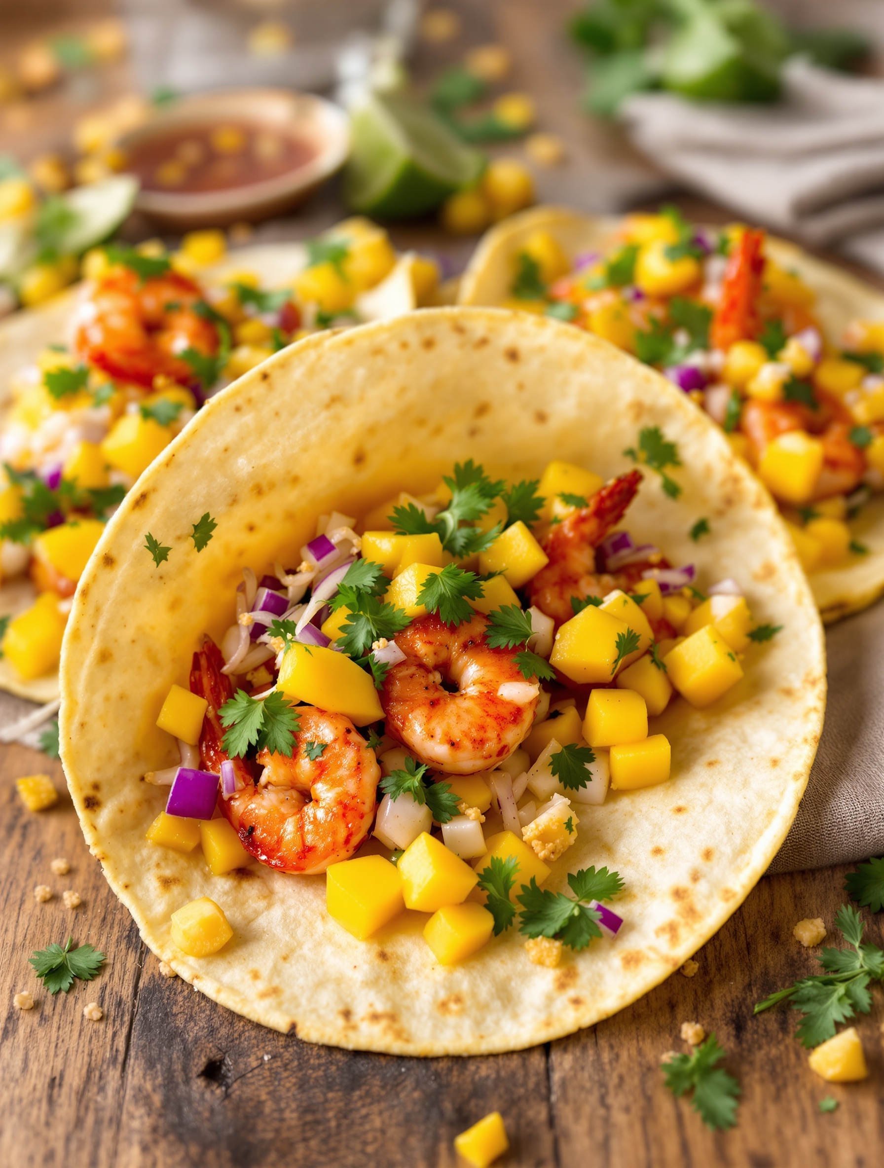 Spicy shrimp tacos topped with mango salsa and cilantro, served on a wooden table.