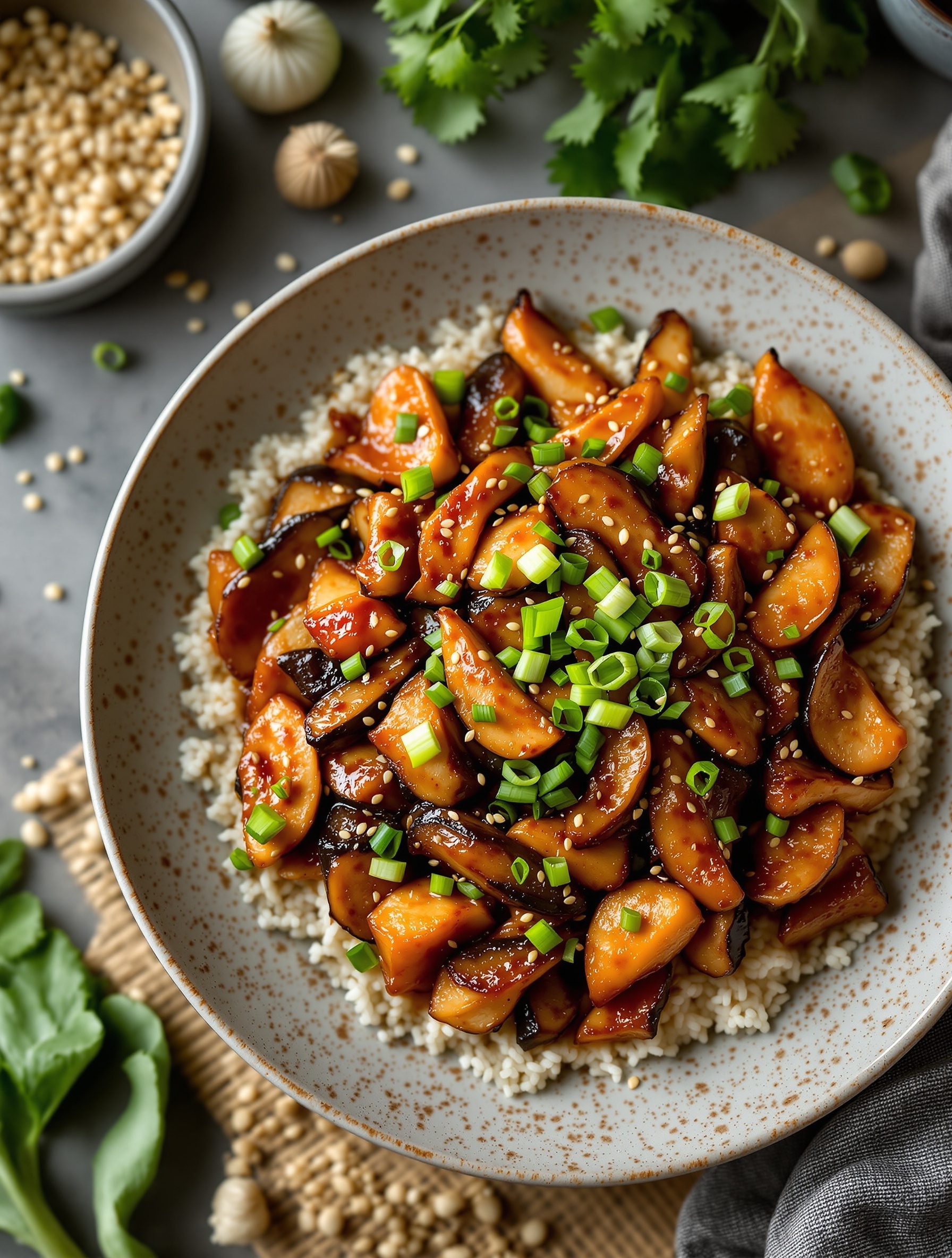 A vibrant bowl of spicy Szechuan eggplant stir fry with green onions and sesame seeds on top, served over rice.