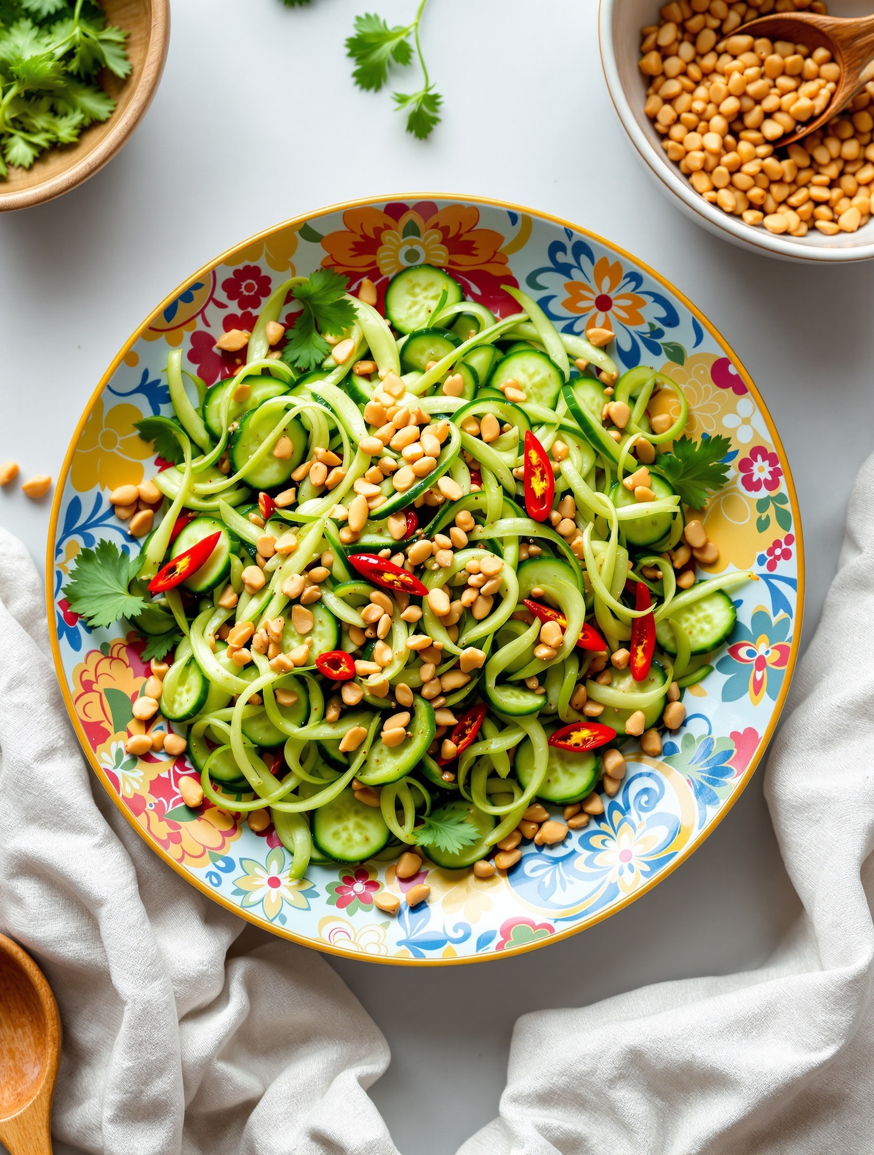 A colorful plate of spicy Thai cucumber salad with sliced cucumbers, red chili, peanuts, and cilantro.