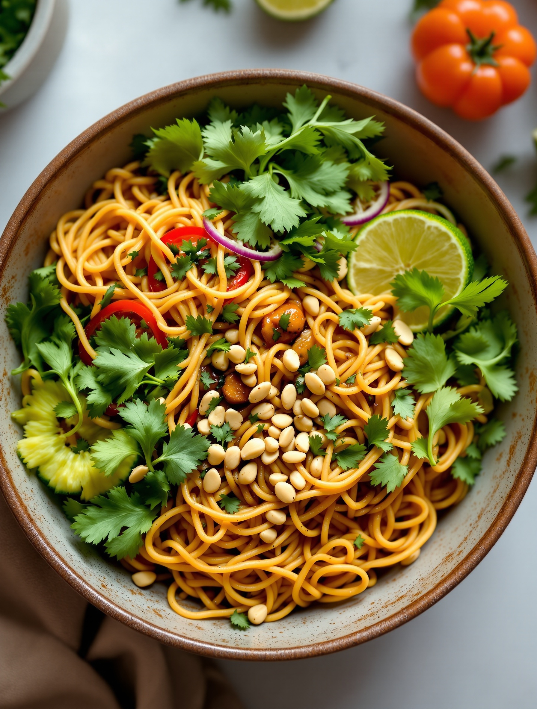 A colorful Spicy Thai Peanut Noodle Bowl with noodles, vegetables, and garnished with cilantro and lime.