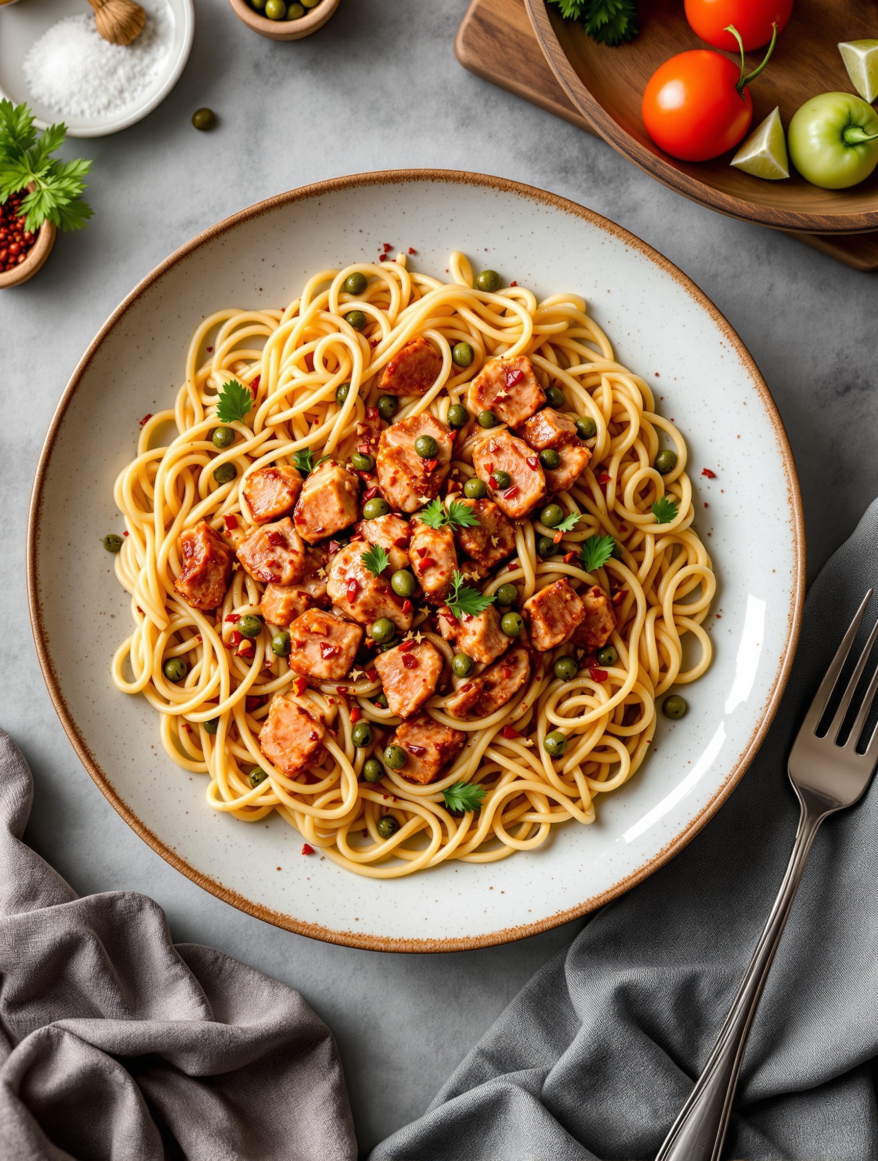 A plate of Spicy Tuna Pasta with olive oil and capers, garnished with parsley.