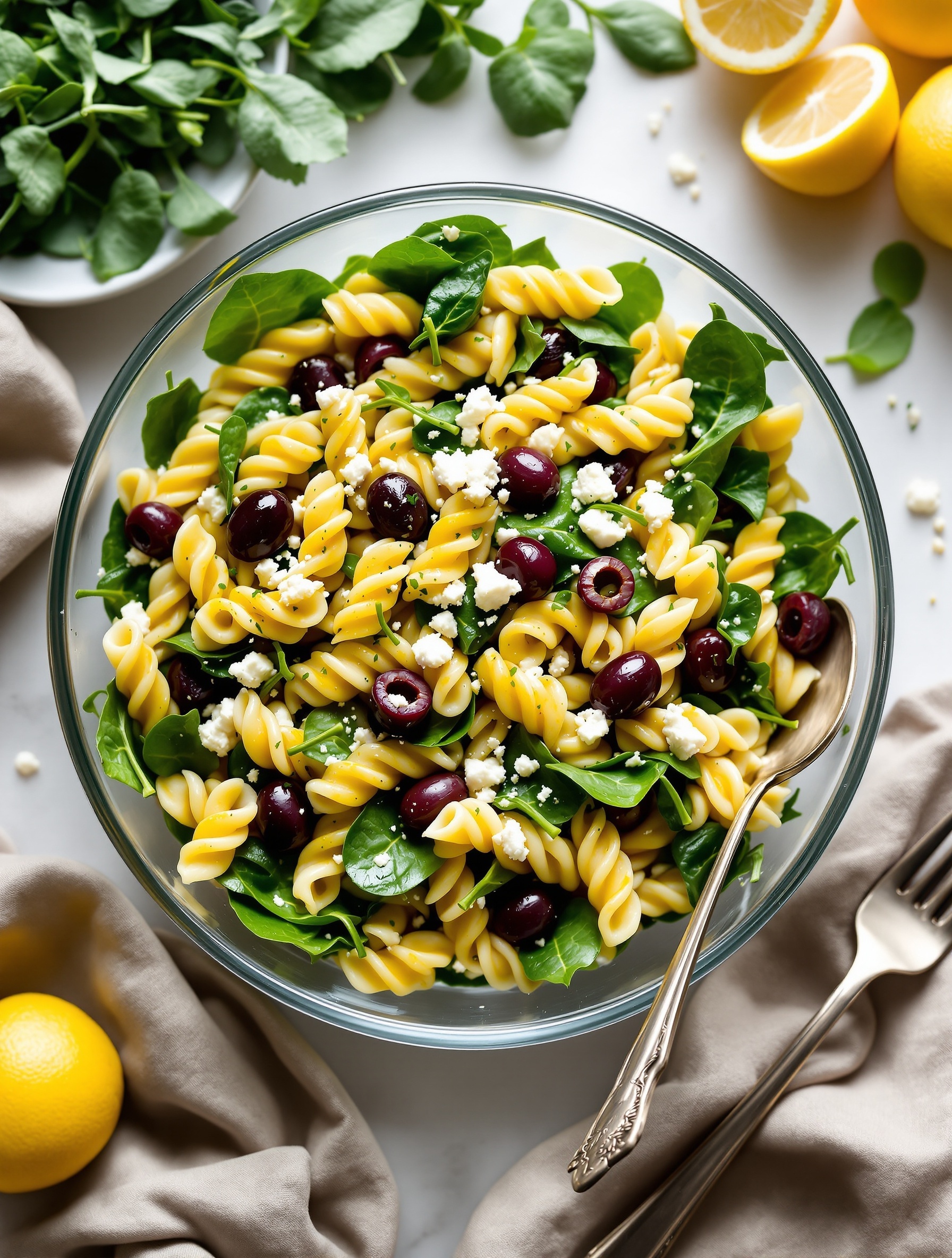 A vibrant bowl of spinach and feta pasta salad with olives and lemon slices