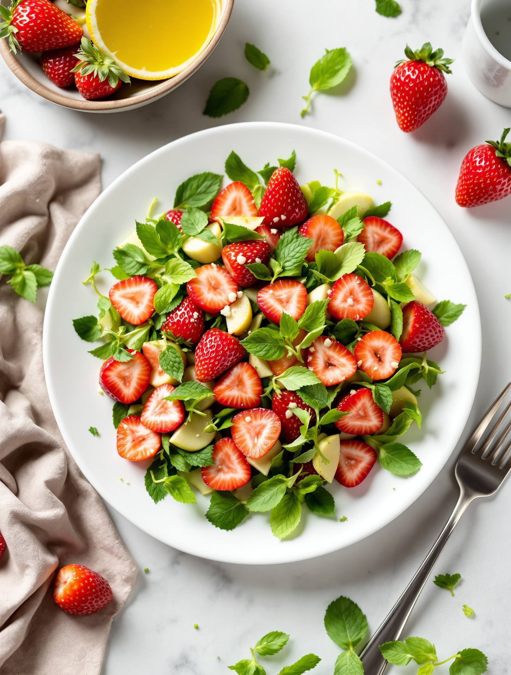 A fresh strawberry and mint salad on a white plate, garnished with mint leaves and served with lemon.