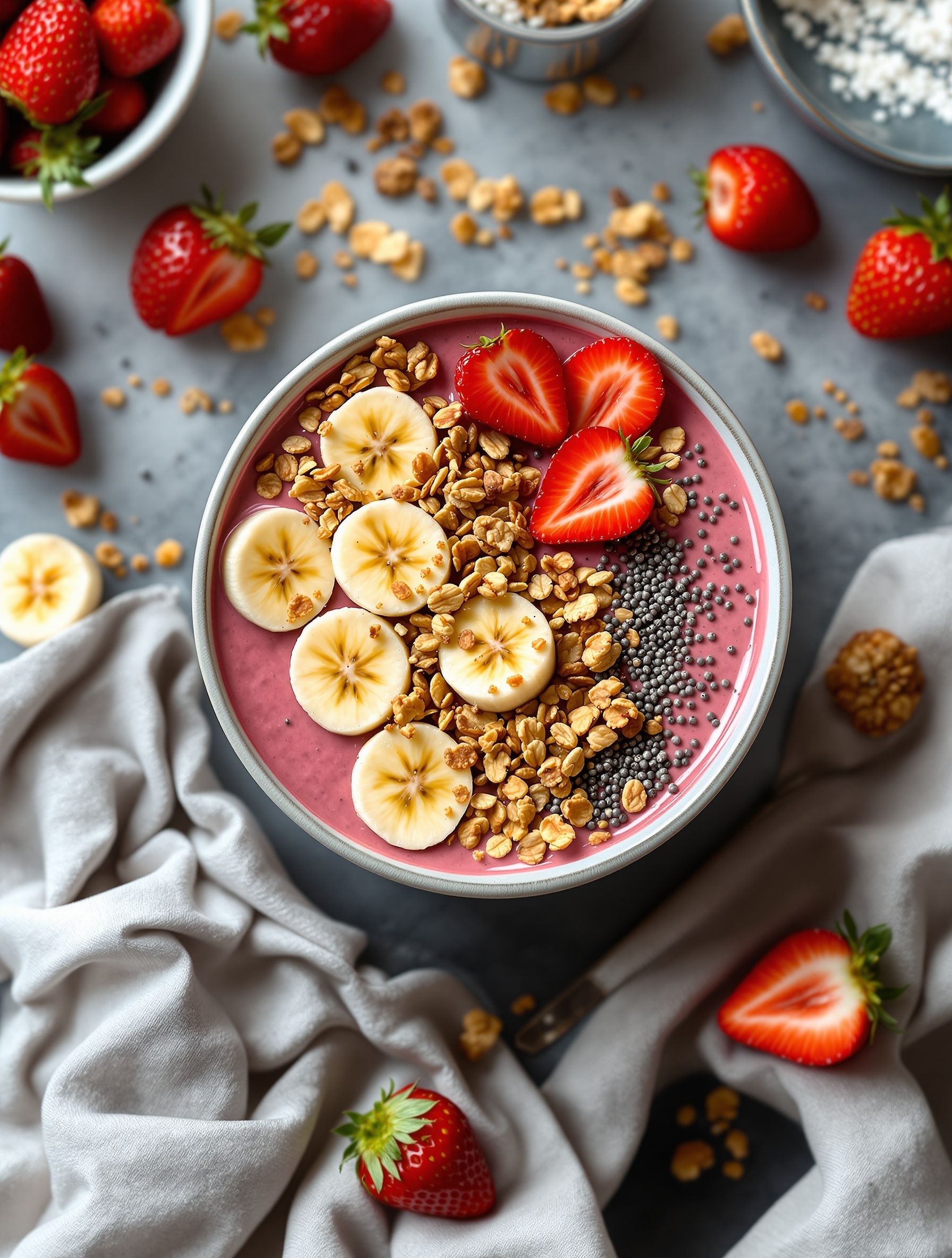 A colorful strawberry banana smoothie bowl topped with sliced bananas, strawberries, granola, and chia seeds, surrounded by fresh strawberries.