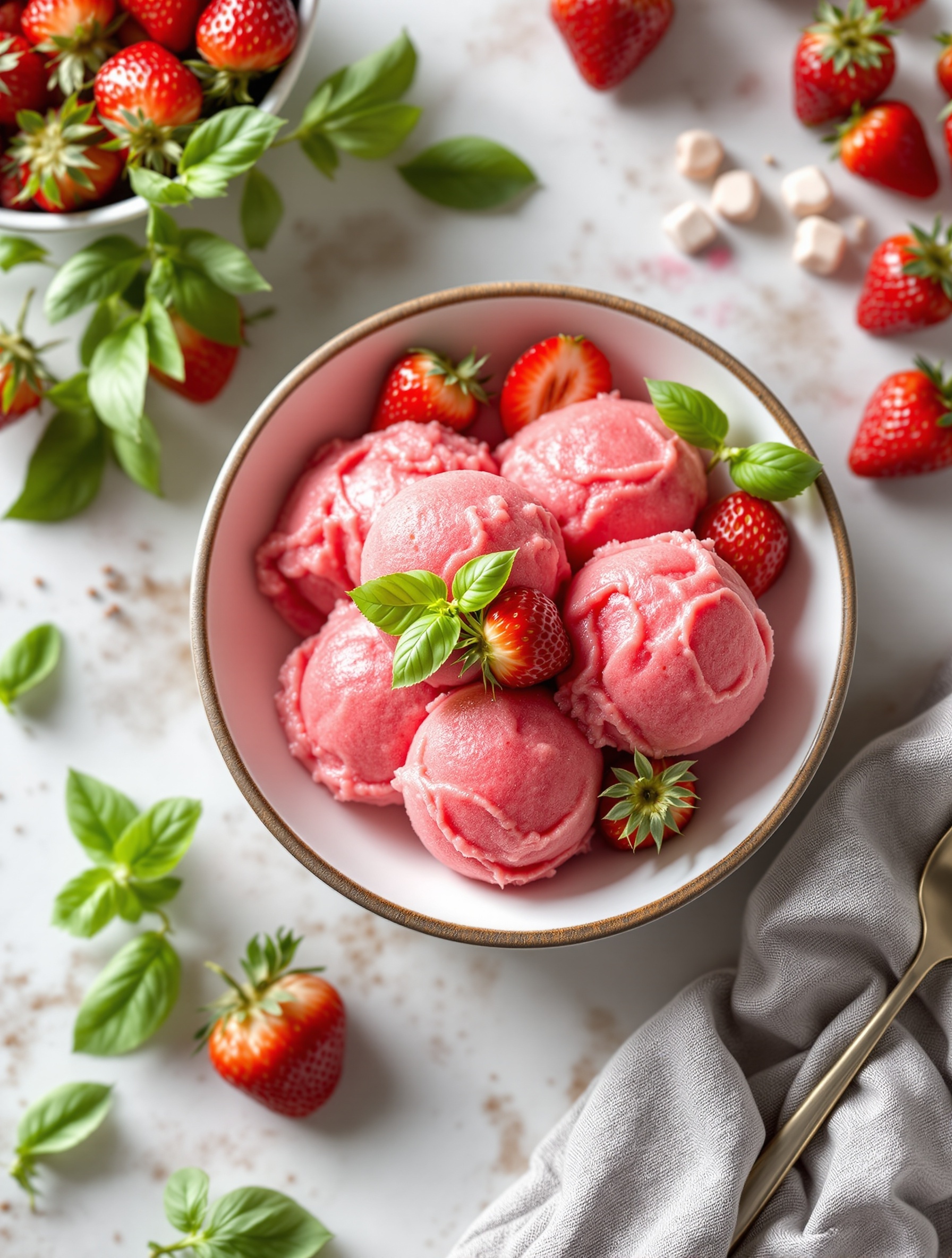 A bowl of strawberry basil sorbet with fresh strawberries and basil leaves around it.