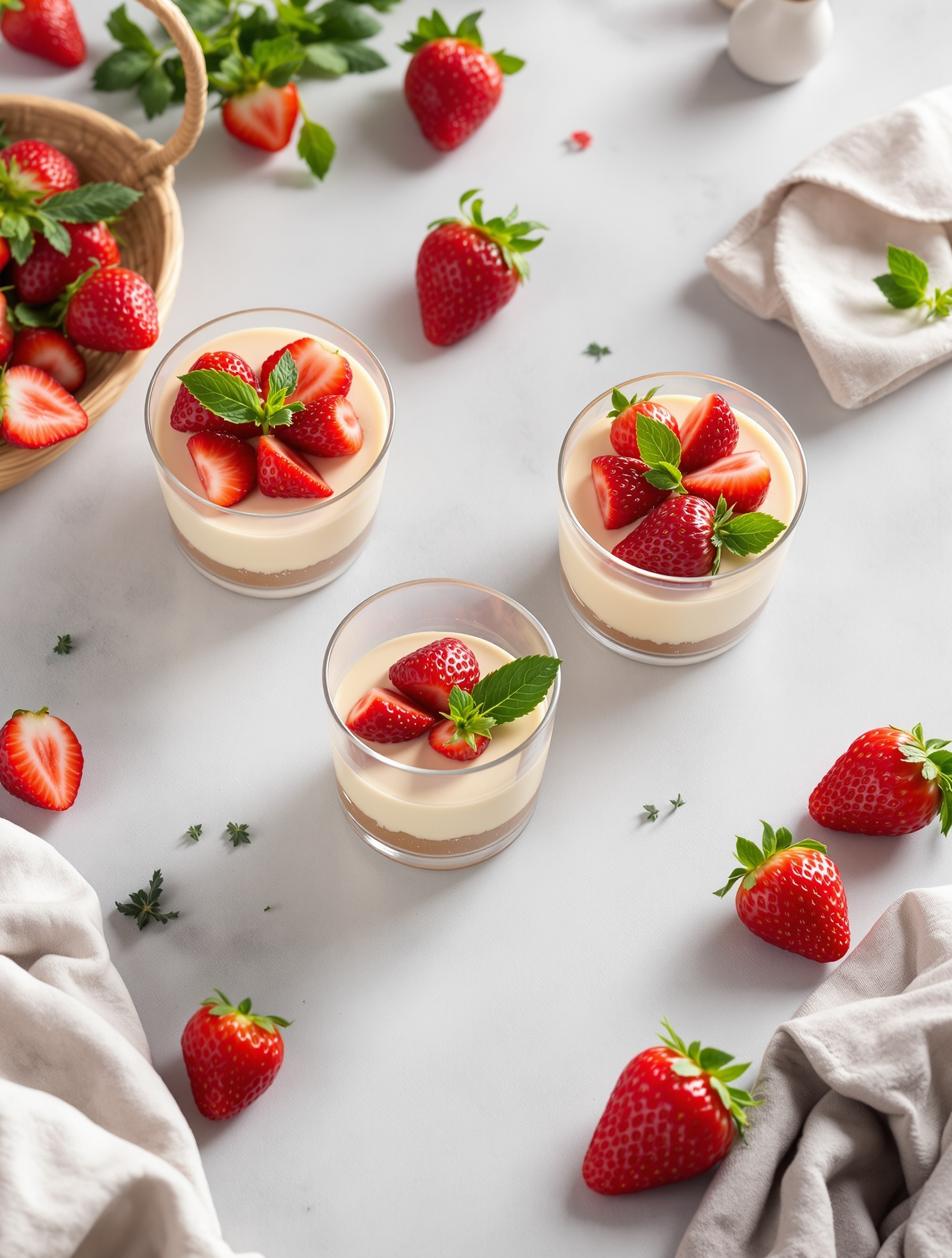Three strawberry cheesecake cups topped with fresh strawberries and mint leaves, surrounded by fresh strawberries and a cloth.