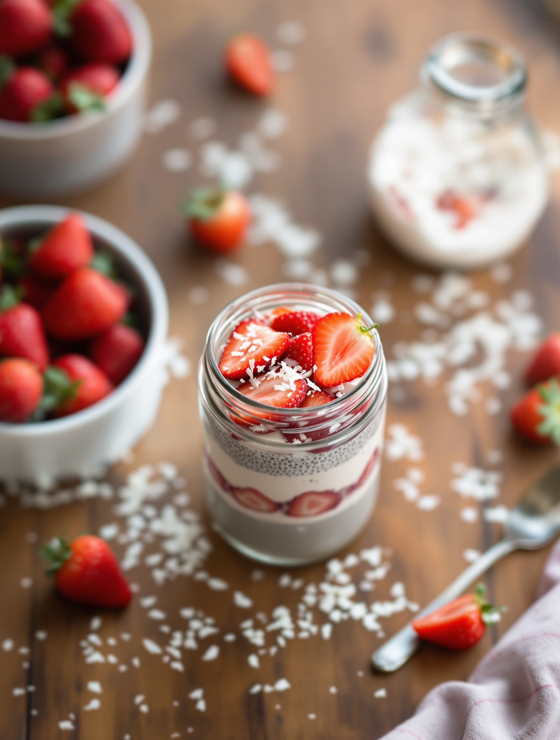 A jar of strawberry chia seed pudding topped with fresh strawberries and coconut, with additional strawberries in the background.