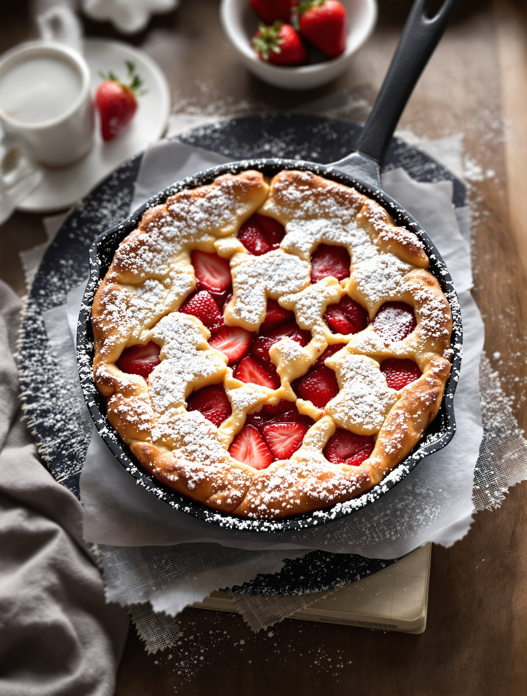 A delicious strawberry clafoutis topped with powdered sugar, served in a cast-iron skillet.