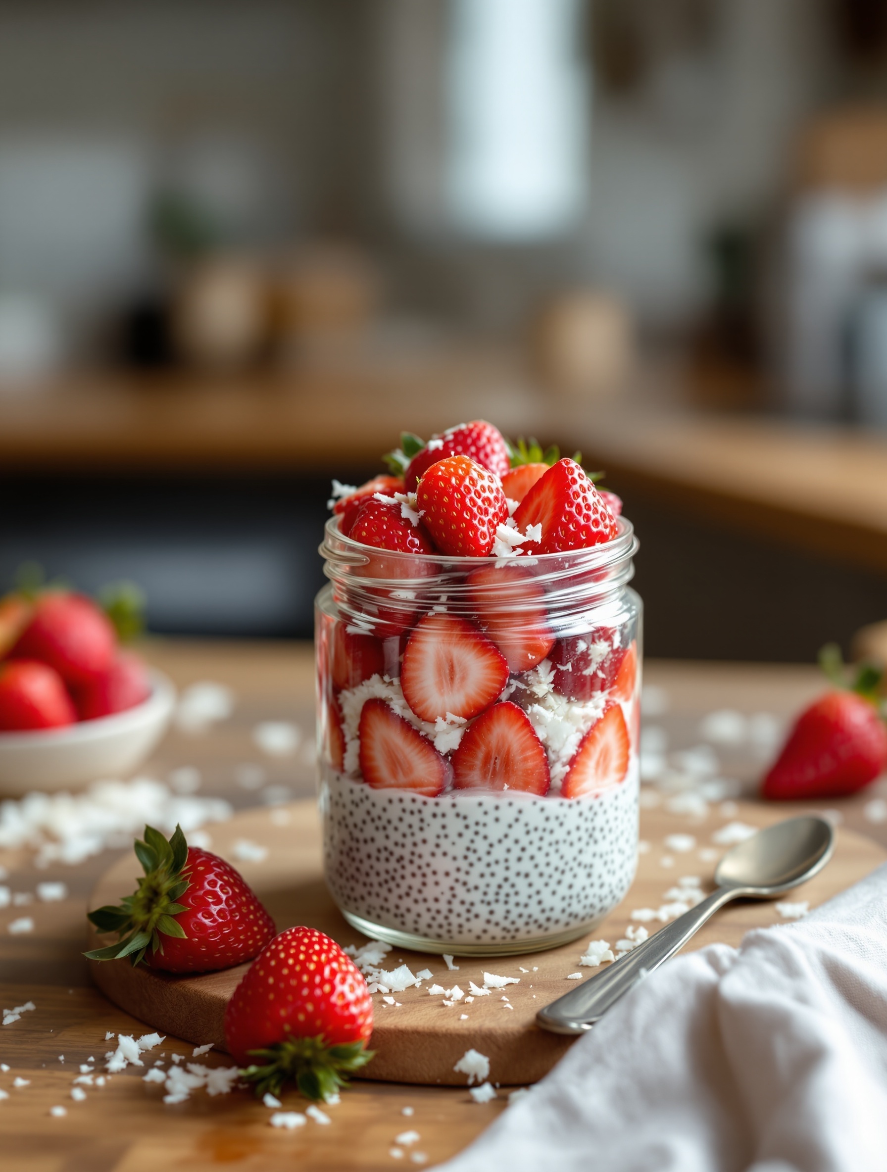 A jar of strawberry coconut chia pudding topped with fresh strawberries and shredded coconut.
