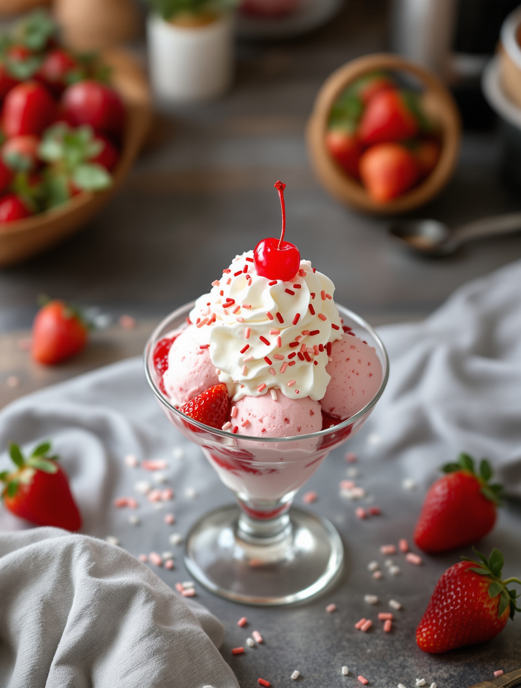A delicious strawberry ice cream sundae topped with whipped cream, a cherry, and sprinkles, surrounded by fresh strawberries.