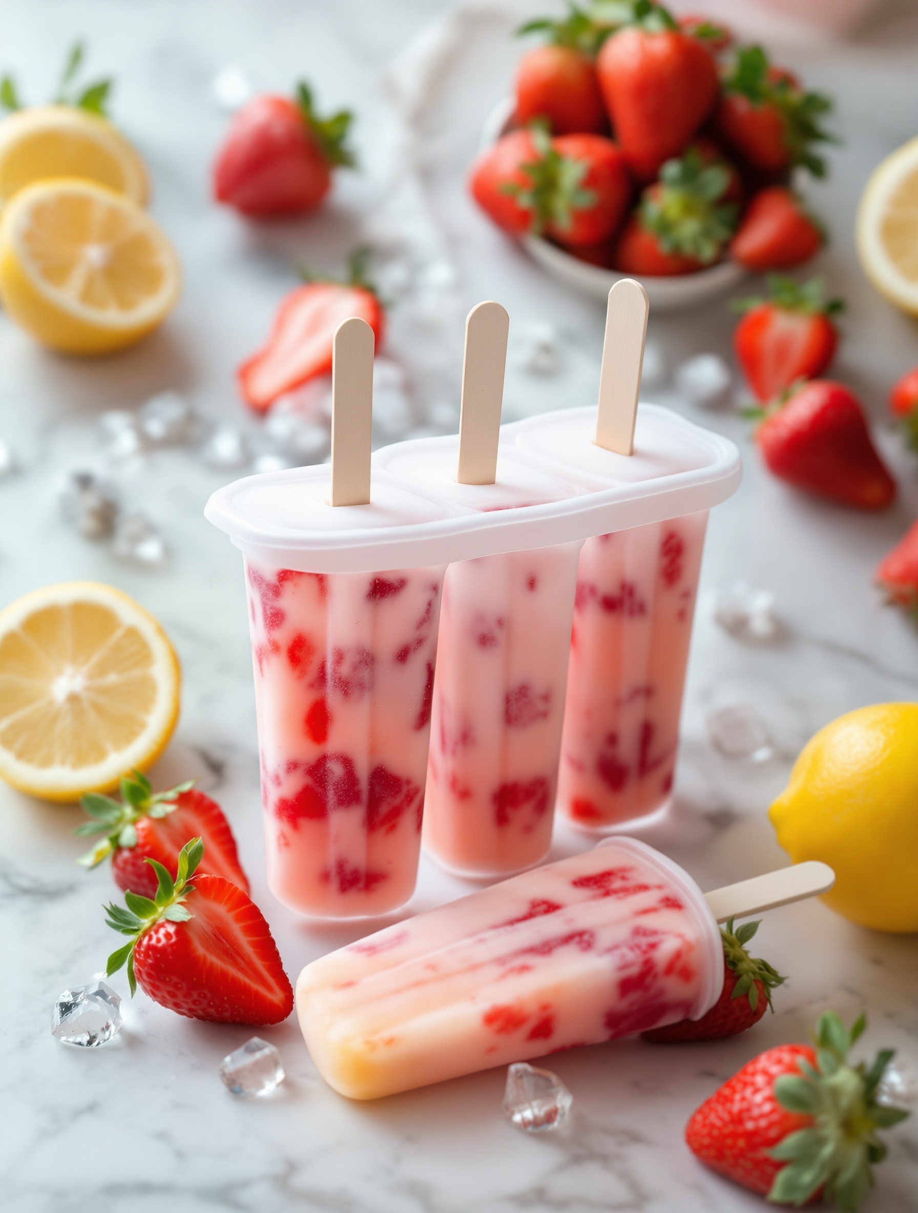 Strawberry lemonade popsicles with fresh strawberries and lemons on a marble surface