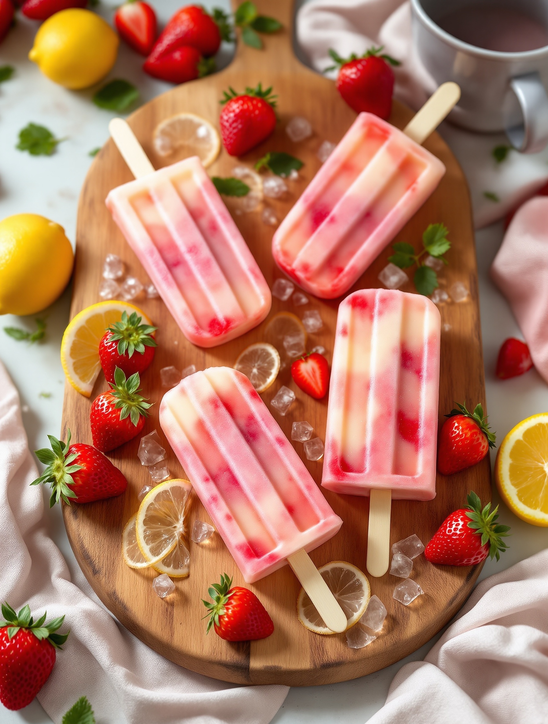 Colorful strawberry lemonade popsicles on a wooden platter surrounded by fresh strawberries and lemon slices.