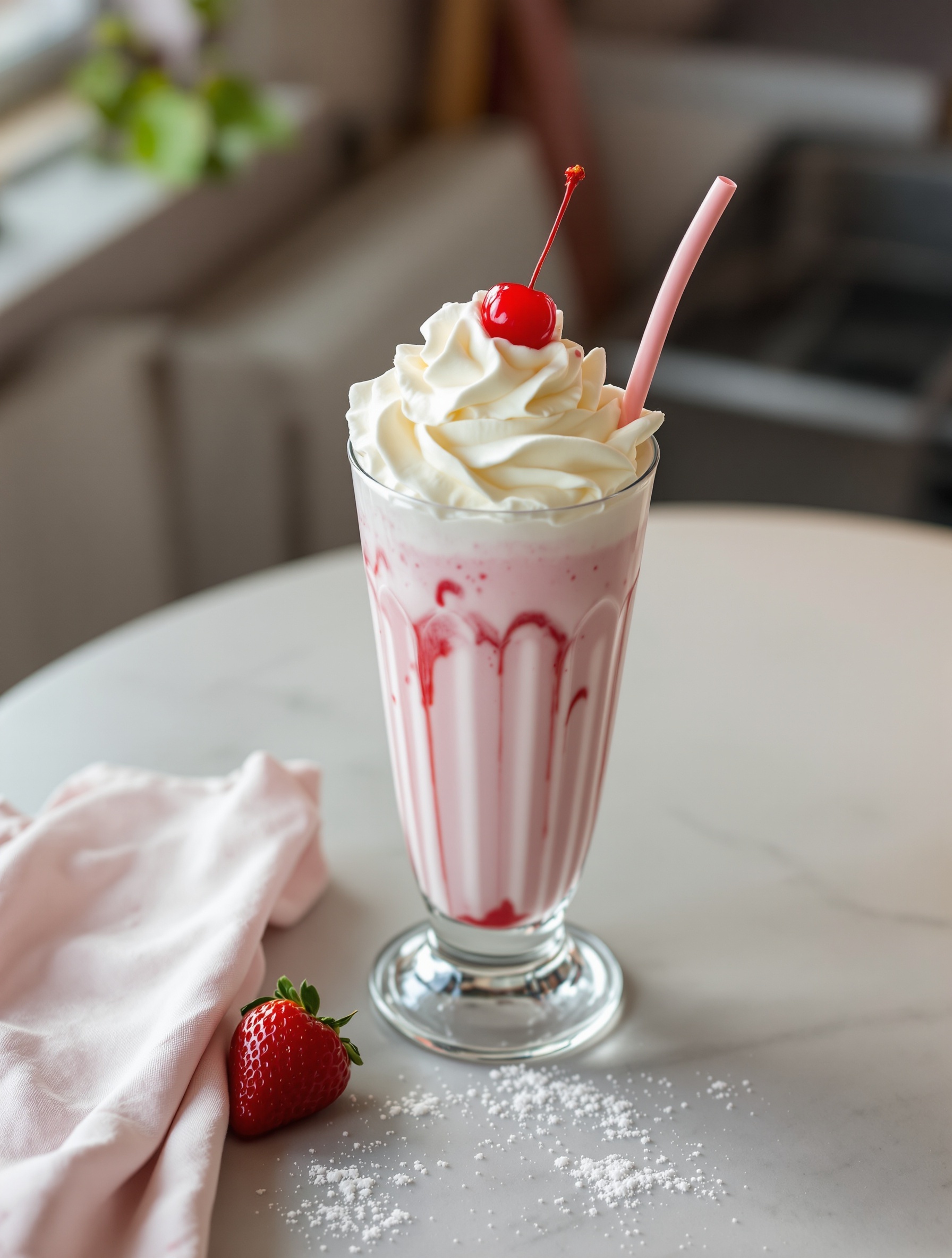 A delicious strawberry milkshake topped with whipped cream and a cherry, served in a tall glass with a pink straw.