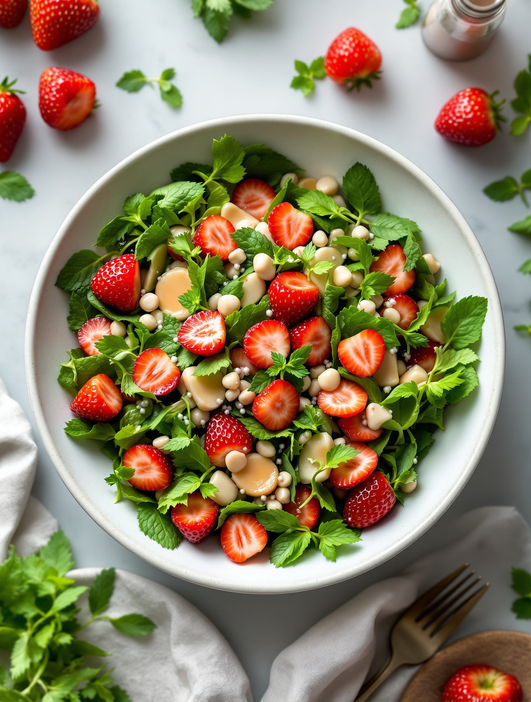 A vibrant bowl of Strawberry Mint Salad with fresh strawberries and mint leaves.