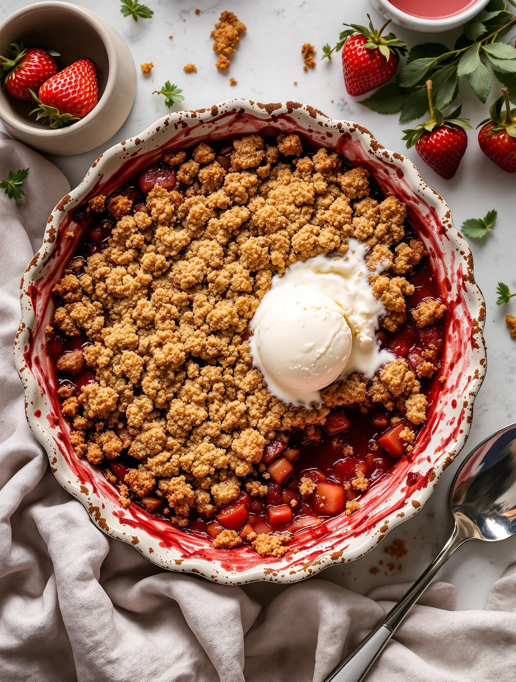 A delicious strawberry rhubarb crumble topped with vanilla ice cream, surrounded by fresh strawberries.