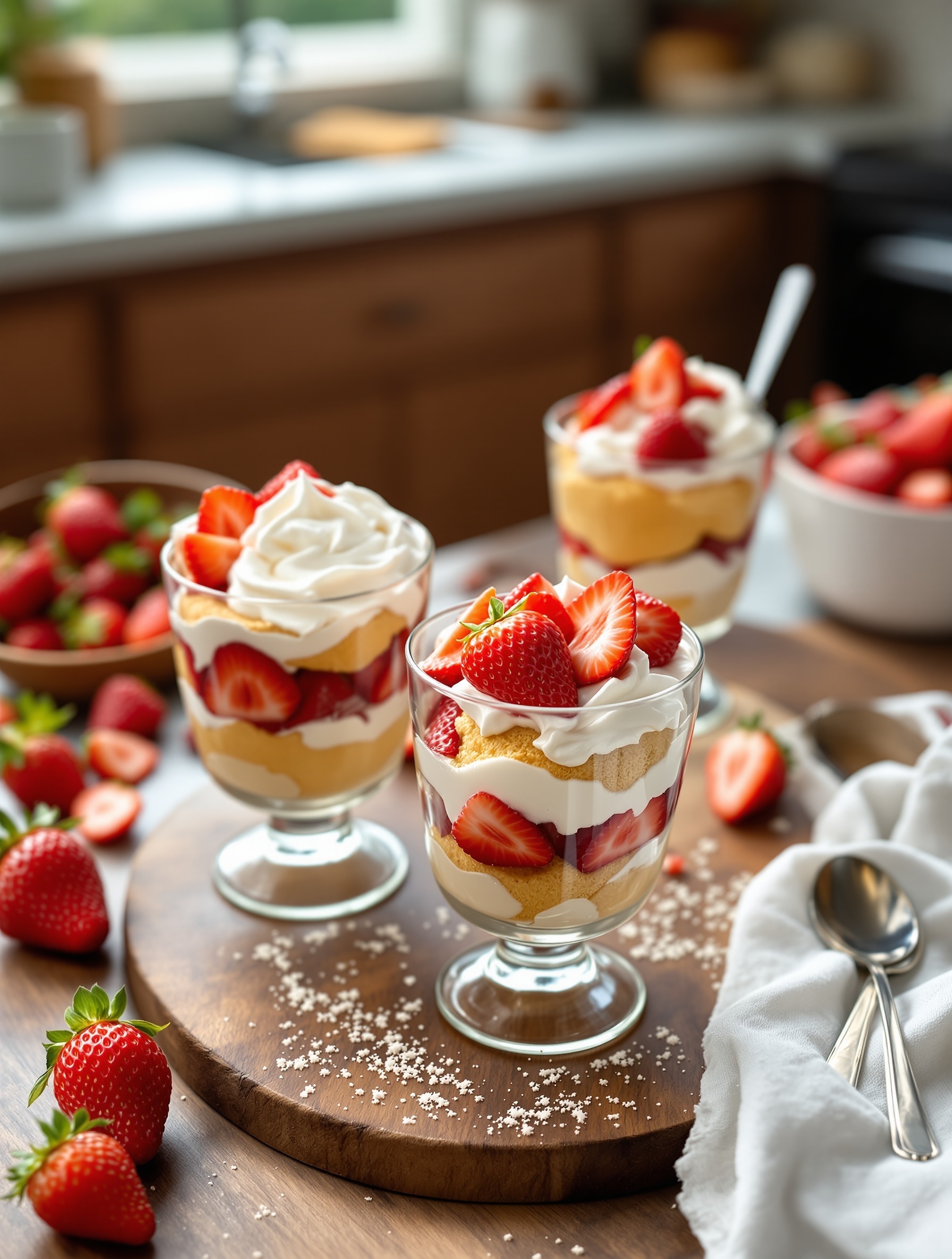 Three strawberry shortcake parfaits in glass cups, topped with whipped cream and fresh strawberries, on a wooden platter with scattered strawberries.