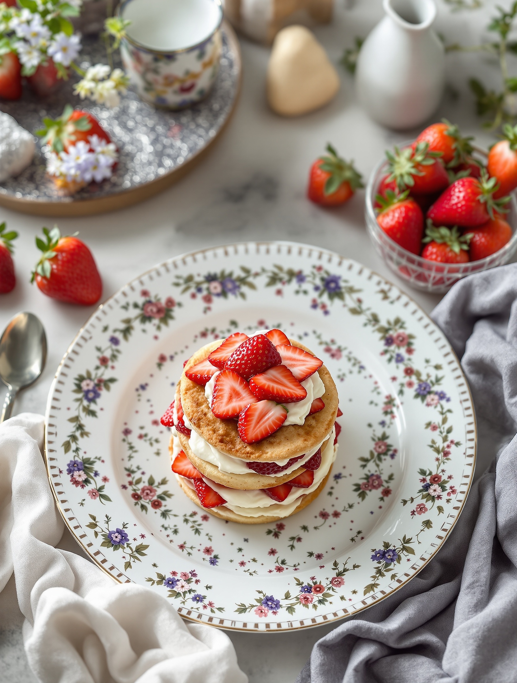 A delicious strawberry shortcake with layers of whipped cream and fresh strawberries on a floral plate.