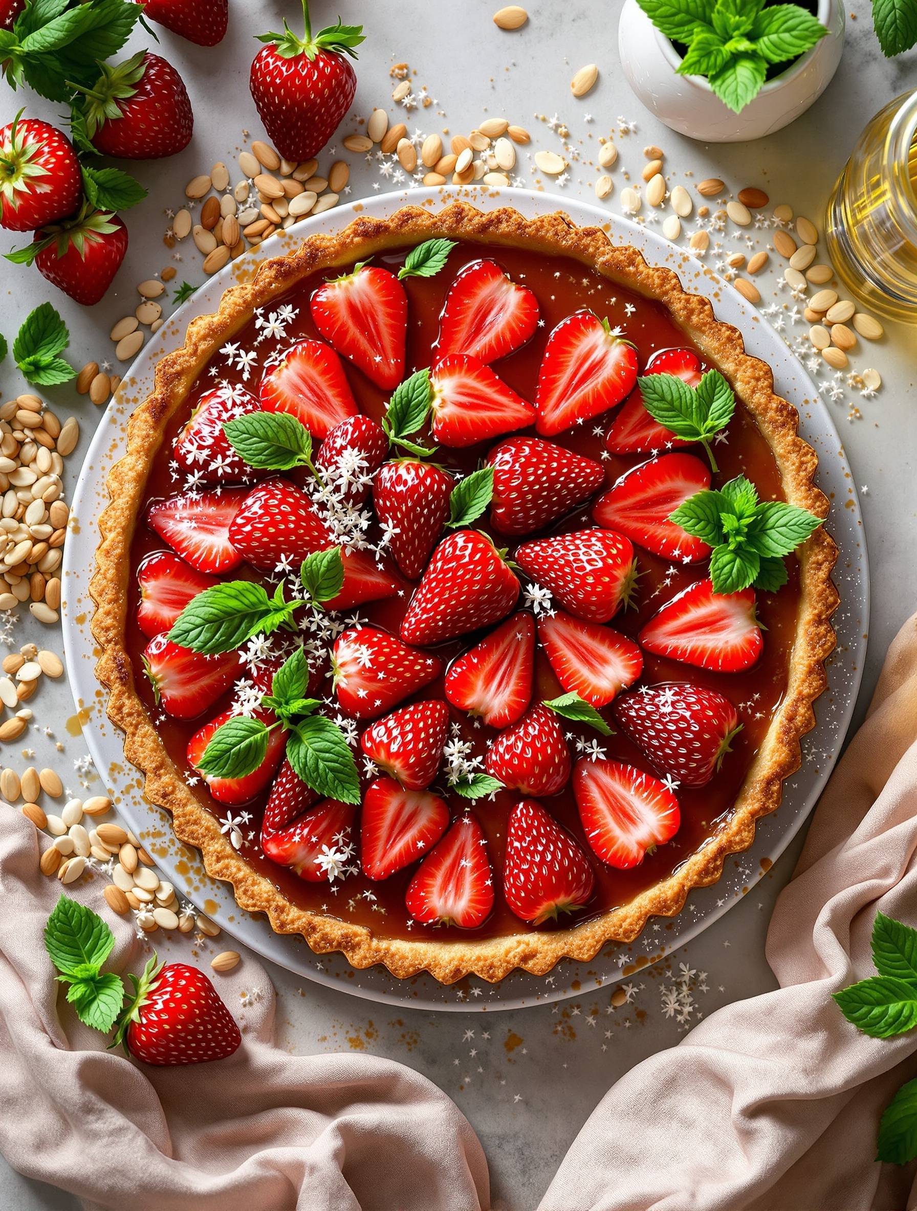 A beautiful strawberry tart with an almond crust, topped with fresh strawberries and mint leaves, surrounded by almonds and a soft pink cloth.