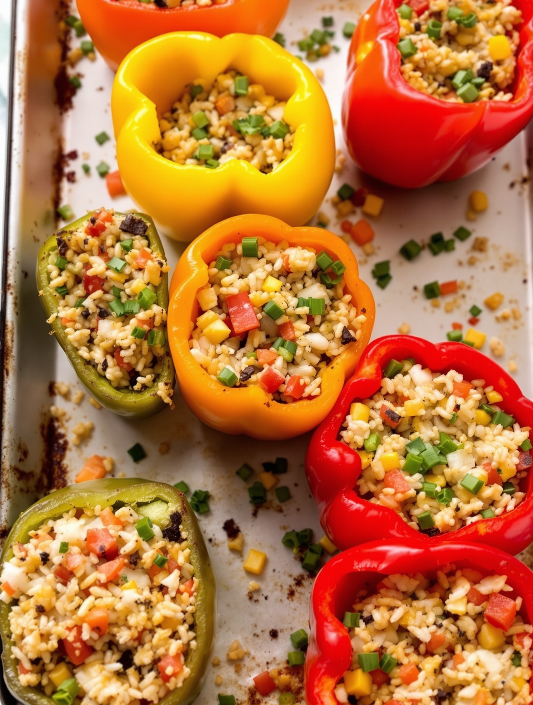 Colorful stuffed bell peppers filled with rice, beans, and vegetables.
