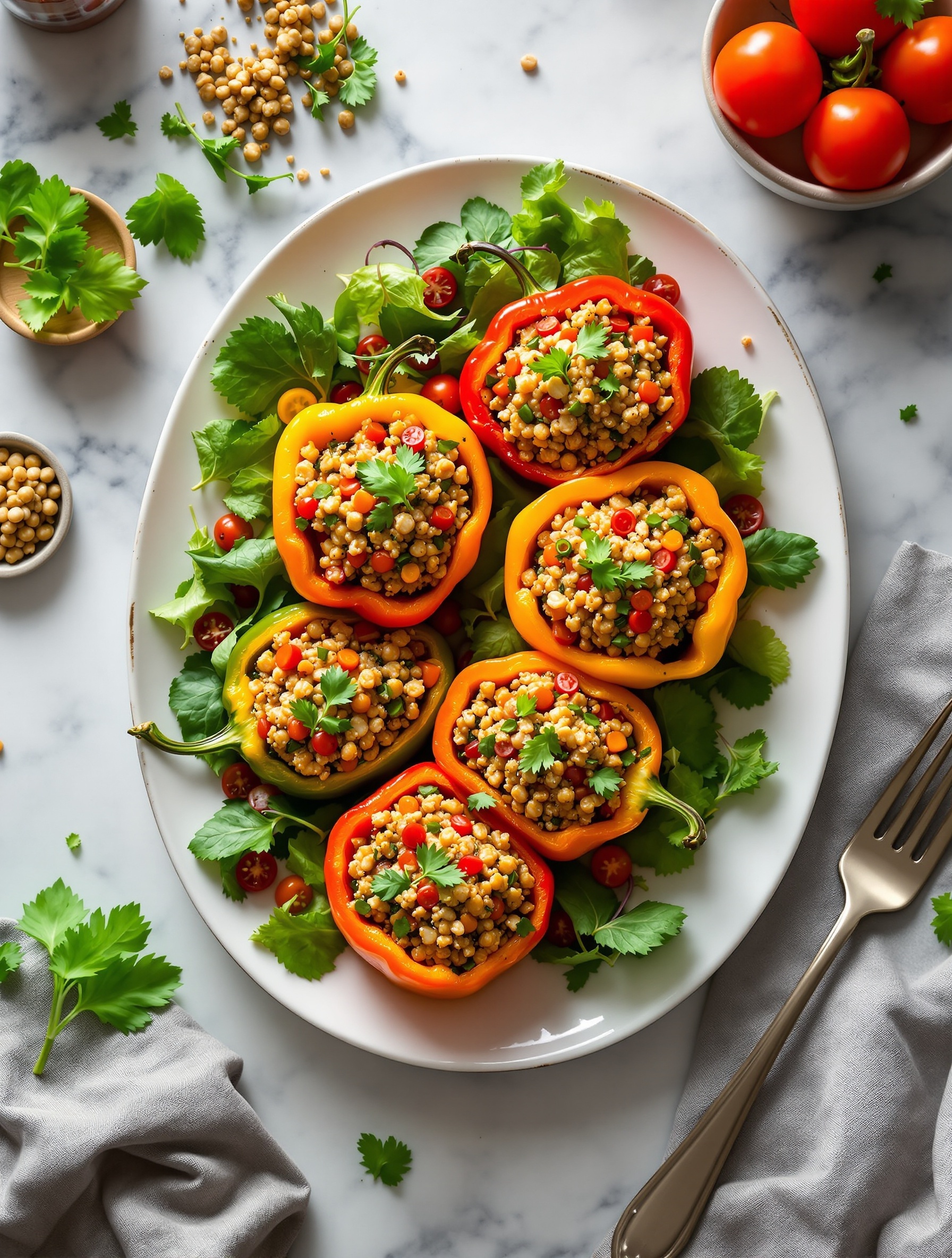 A plate of colorful stuffed bell peppers filled with quinoa, garnished with fresh herbs, on a marble surface.