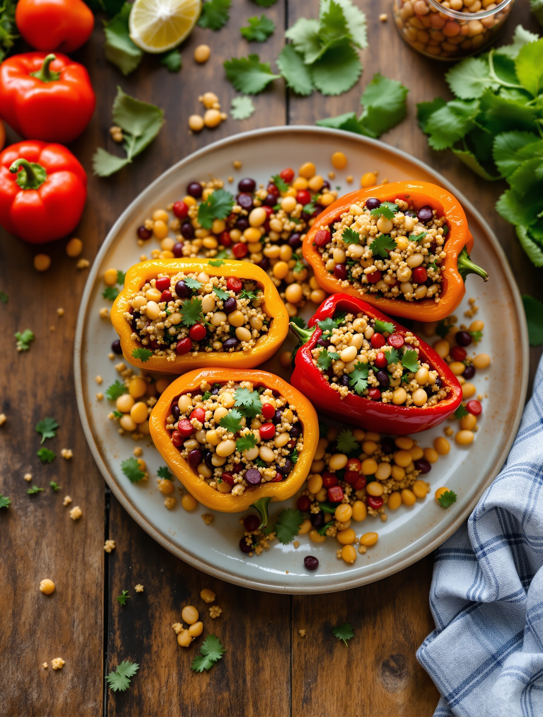 Stuffed bell peppers filled with quinoa and beans on a plate, surrounded by fresh ingredients.