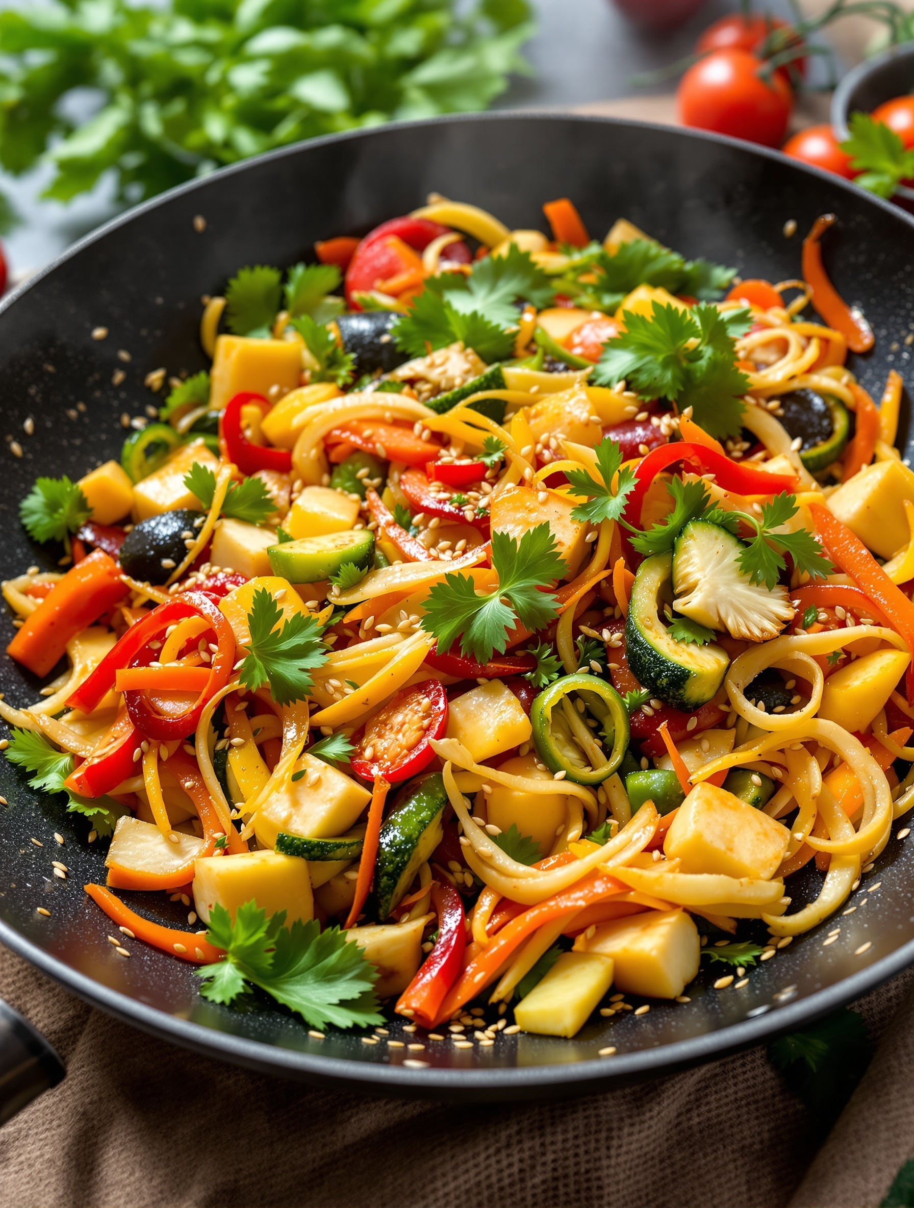 A colorful summer vegetable stir-fry with bell peppers, zucchini, and carrots in a wok.