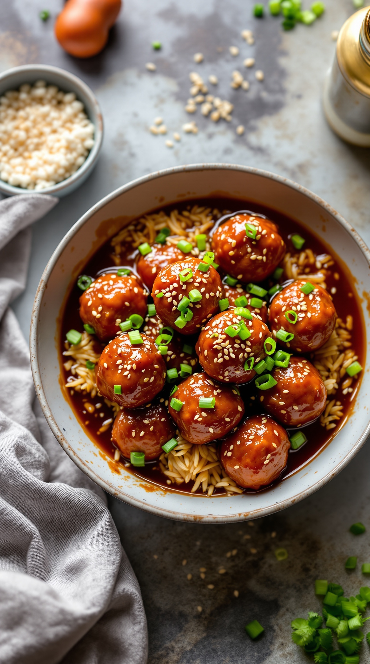 A bowl of sweet and spicy meatballs topped with green onions and sesame seeds, served over rice.
