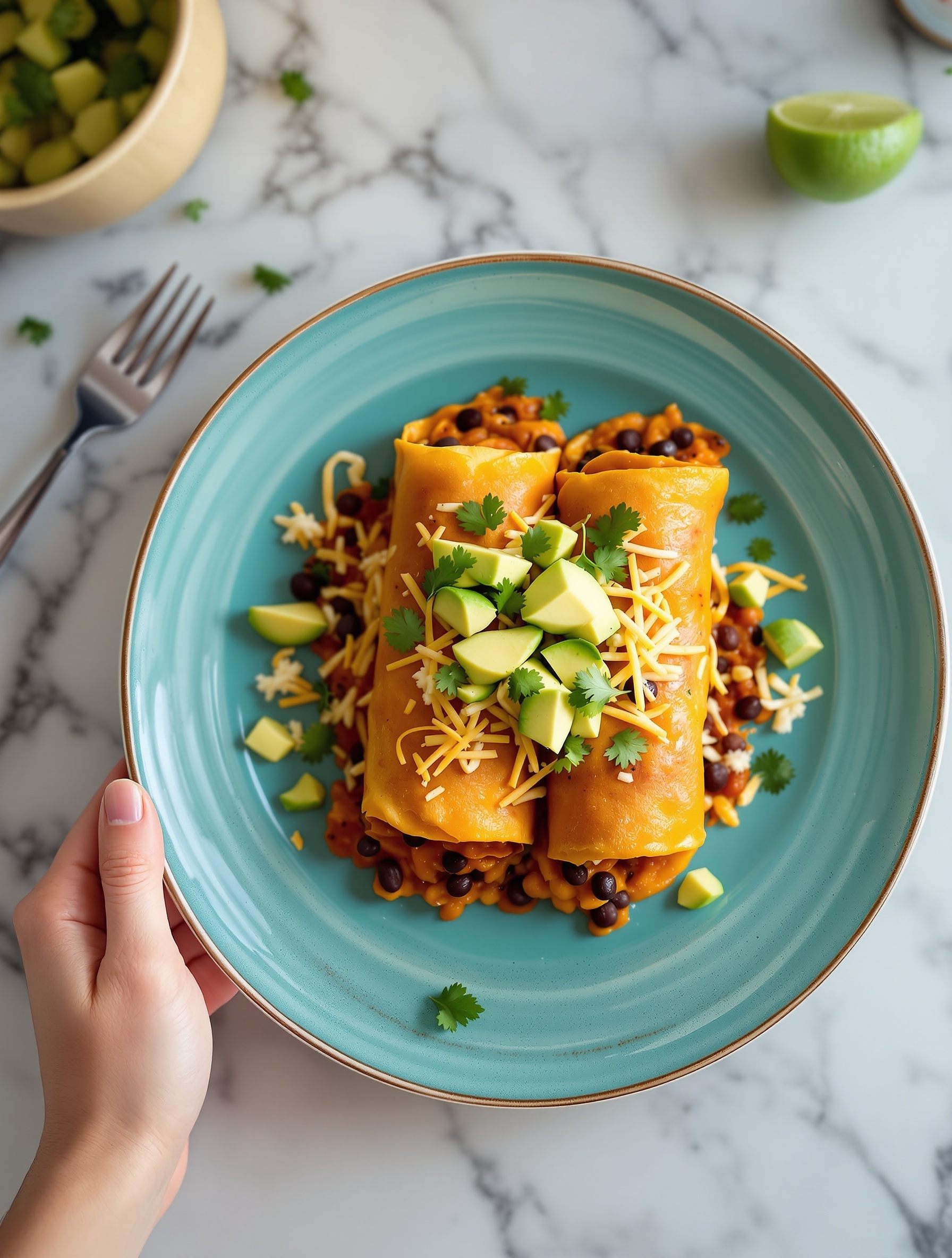 A plate of sweet potato and black bean enchiladas topped with avocado and cilantro, served with lime slices.
