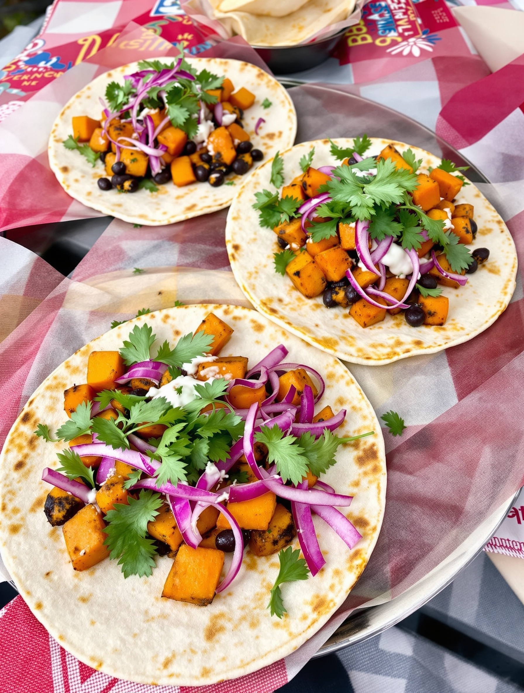 Sweet potato and black bean tacos topped with cilantro and red onion on tortillas
