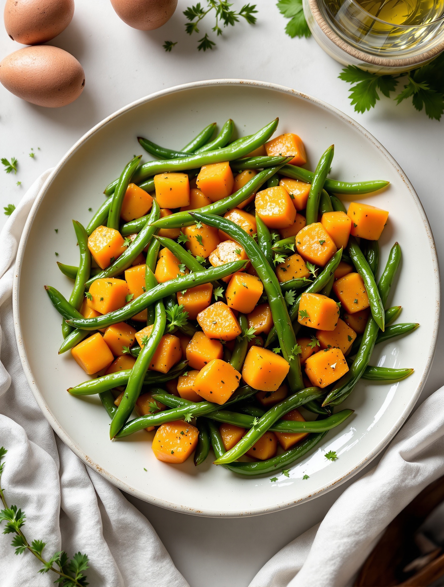 A colorful dish of sweet potatoes and green beans, garnished with herbs.