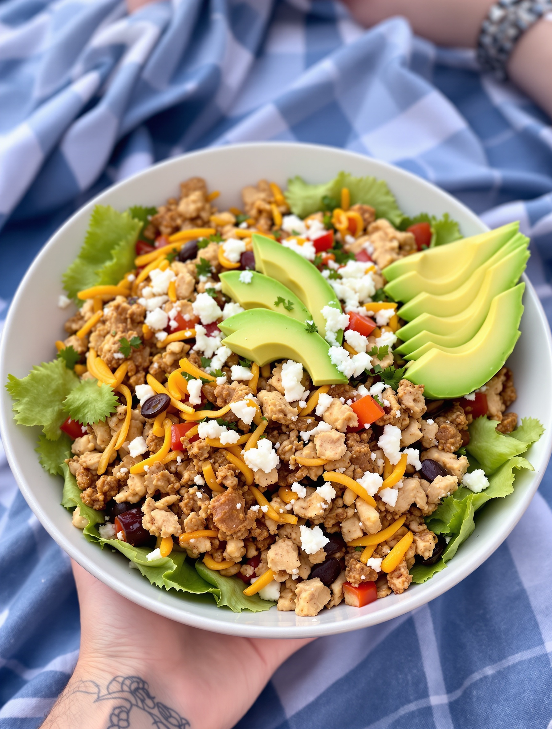 A delicious taco salad featuring ground turkey, avocado, and colorful vegetables.